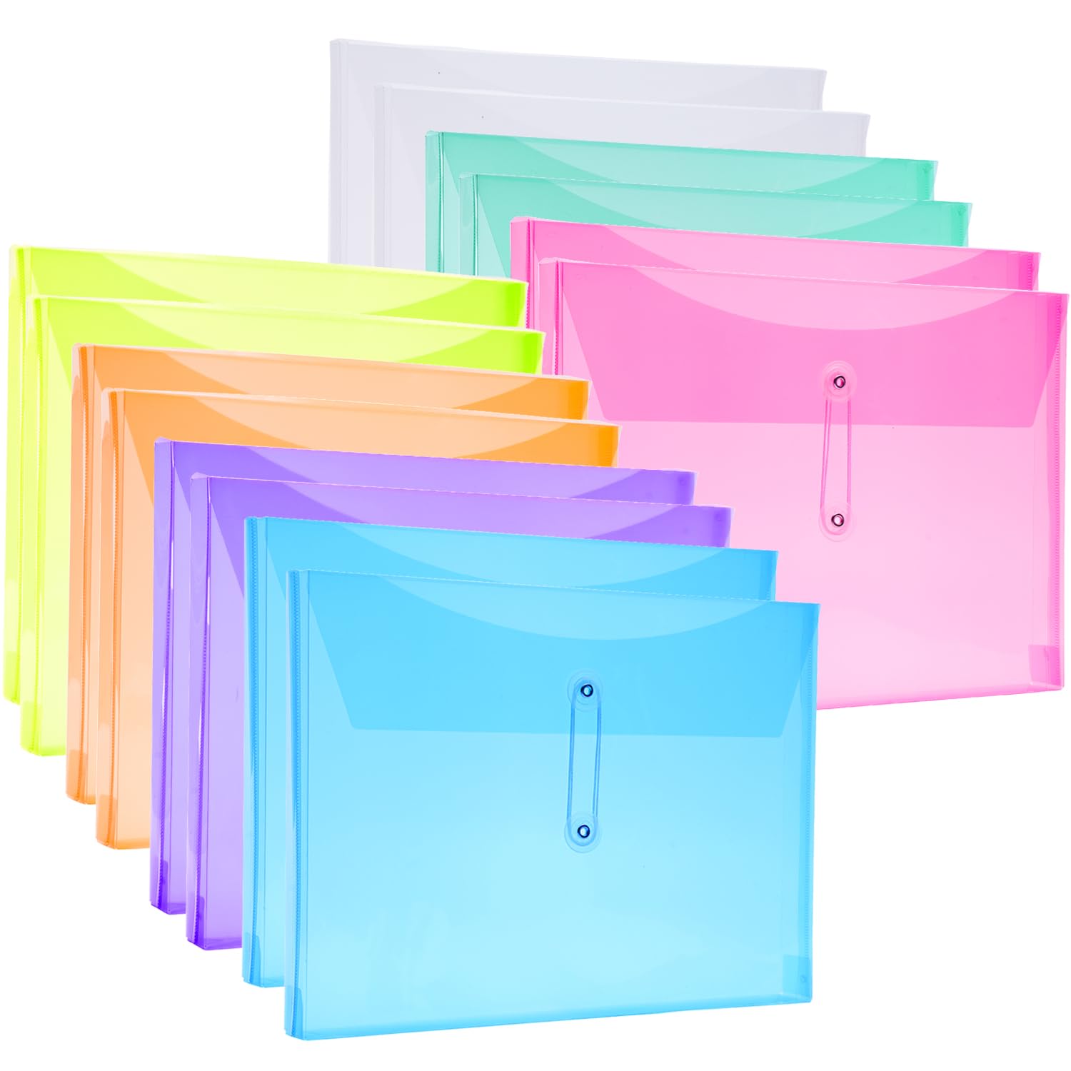 A4 Letter Size Plastic Poly Envelopes with Button and String Tie Closure, 1-1/4" Expansion Clear File Folders Side Loading Documents Organizer for
