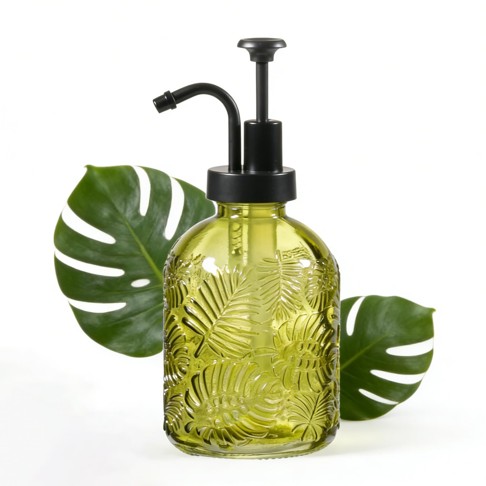 Komashr 11.5 Oz Embossed Leaf Glass Soap Dispenser – Modern Farmhouse Decor for Bathroom Vanity & Kitchen Sink, Refillable Hand & Dish Soap Dispenser with Vintage Curved Electroplated Pump (1Pack)