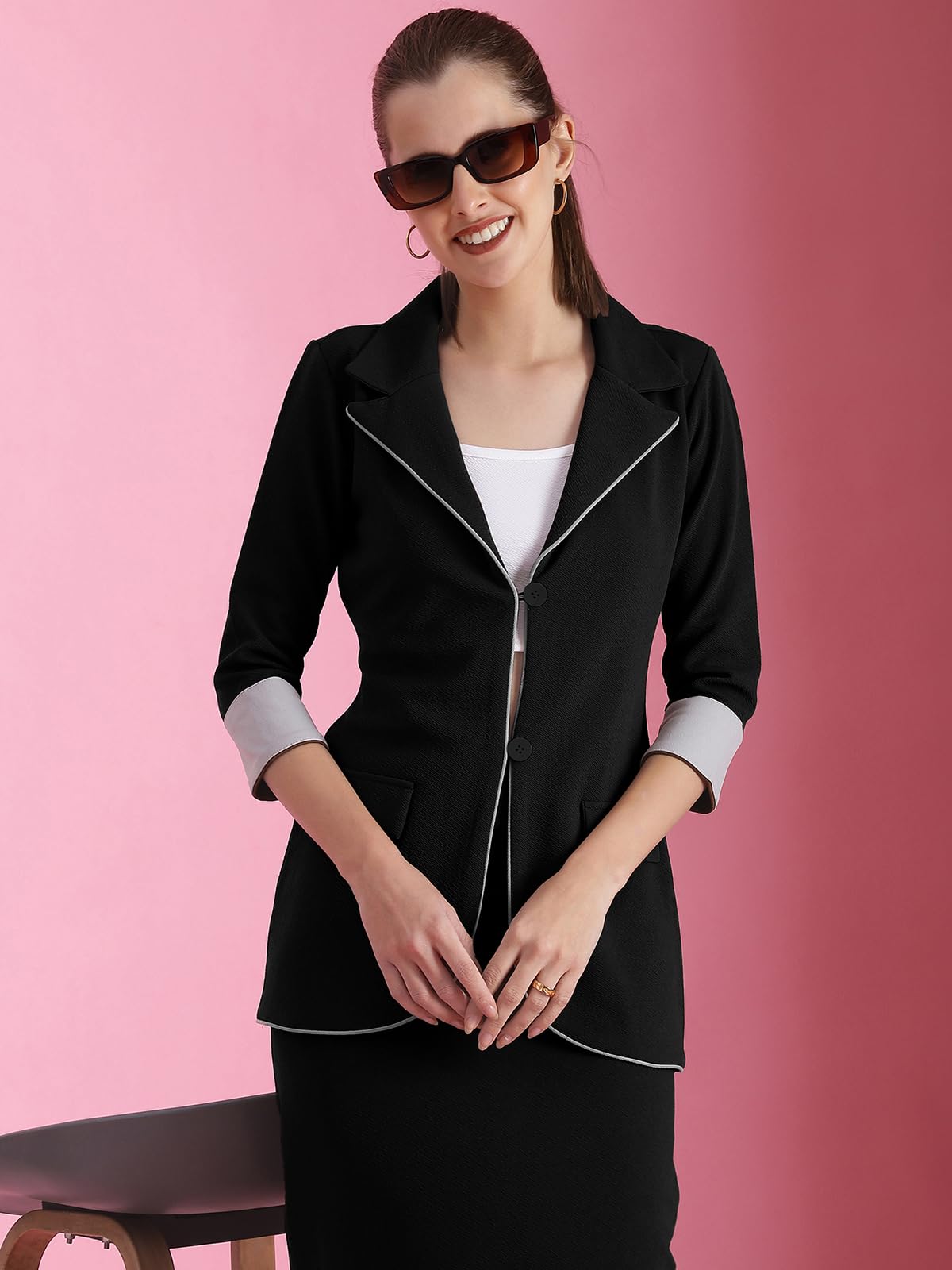 Selvia Women's Co-ords Set|Lycra Blazer & Skirt Set|Casual Co-ords Set for Women|Two Piece Co-ord Set|Blazer & Skirt Set(692CTK11622N-XL_Black & Grey) - Image 4 thumbnail