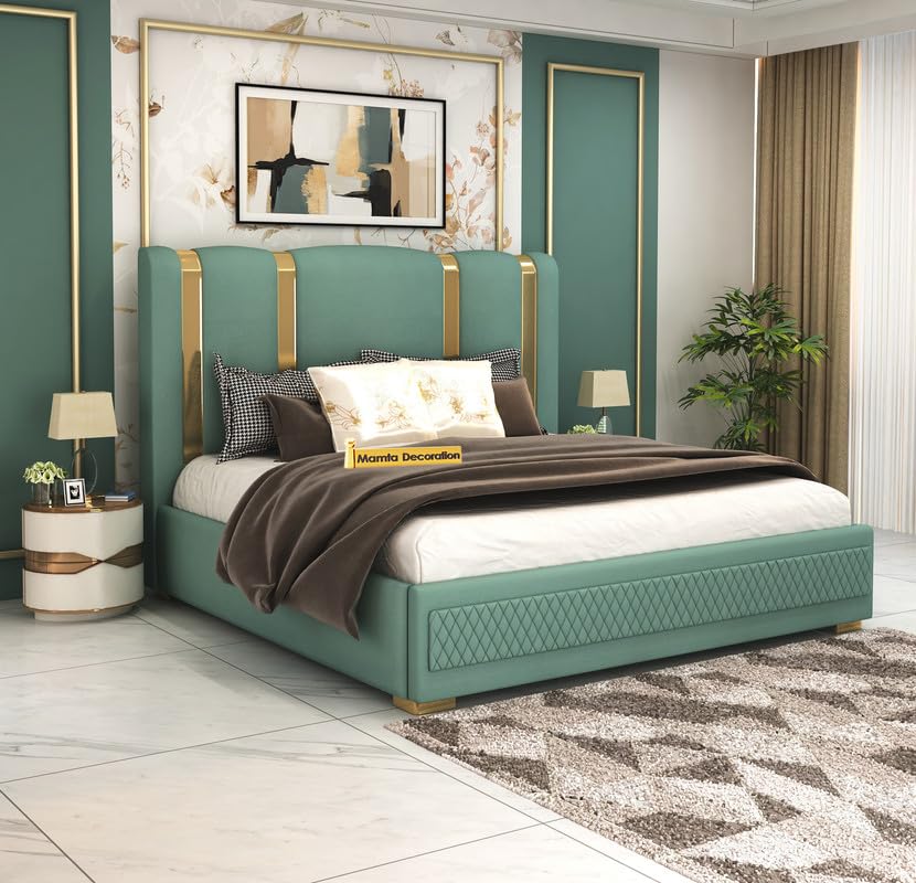Image of MAMTA DECORATION Solid Wood King Size Bed for Bedroom with Box Storage | Premium Velvet Upholstered Tufted Headboard | Modern Double Cot Bed for Home, Hotels & Guest Room | Greendust Finish