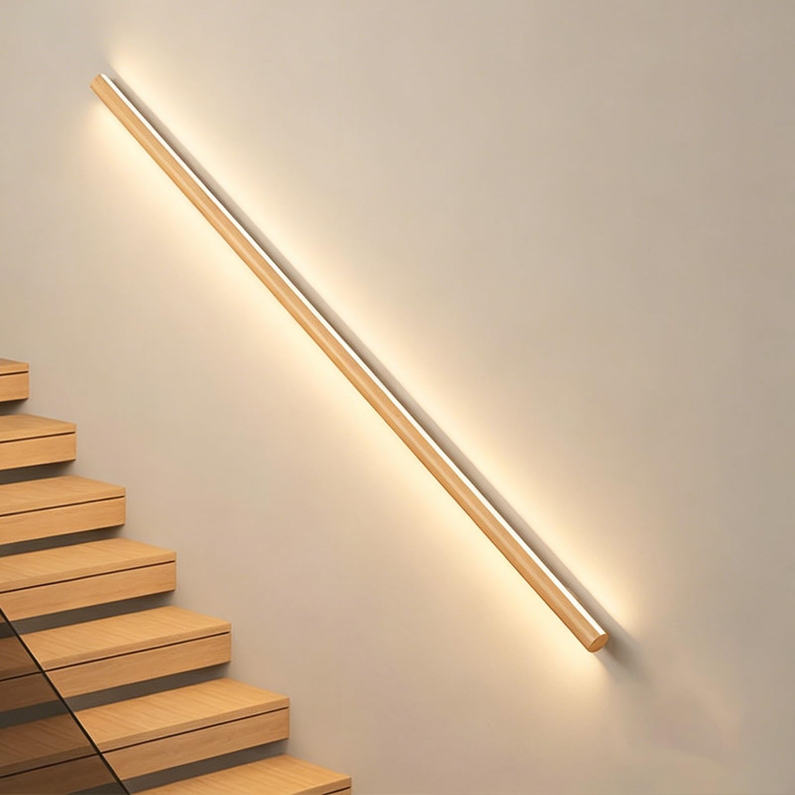 Illuminated Sensor Activated Stair Handrail, Fall Protection Safety Lighted Handrail, Ambient Minimalist Support Stair Railing for Porch Entrance(Right Wood,6.2ft/1.9m)