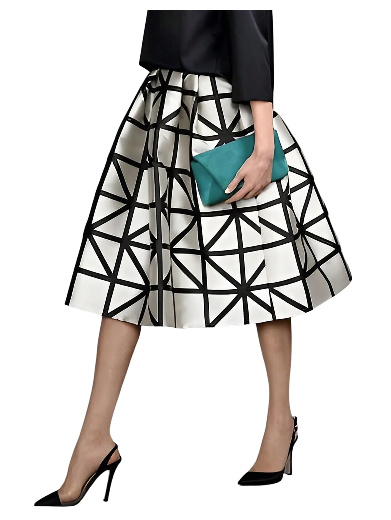 SOLY HUX Womens Midi Skirt Plaid Geometric High Waisted A Line Flared Casual Skirts