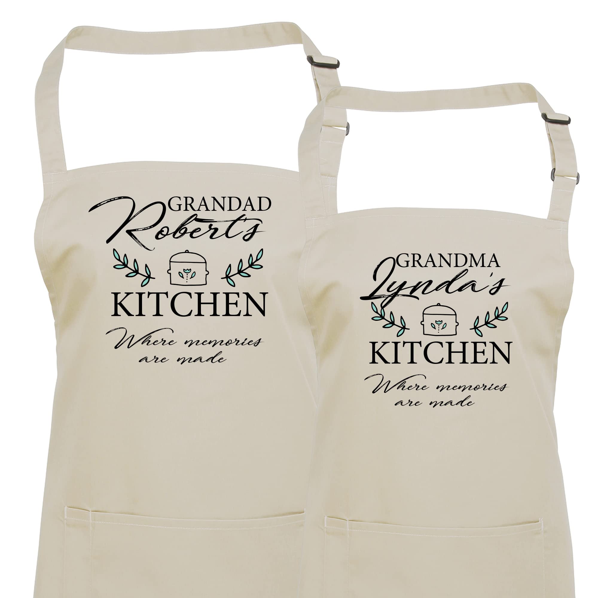 Pomchick Personalised Grandparents Apron 2 Pockets Grandma Grandad Chef Set of 2 Kitchen Cooking Baking 80x63 CM Adjustable Neck Strap Gift for Him Dad Her Mum Christmas Mother's Father's Day