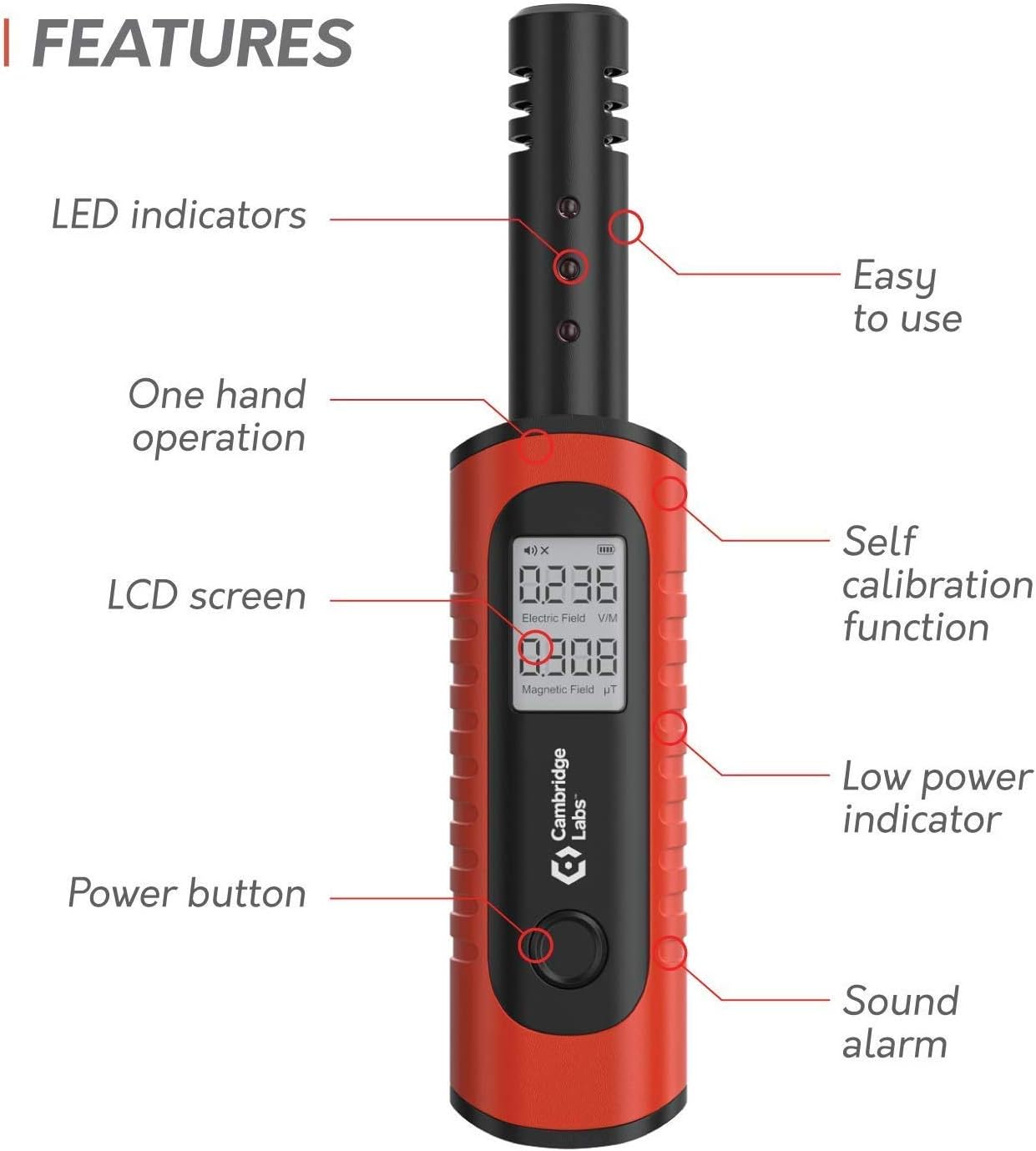 Cambridge Labs Rechargeable EMF Meter, Radiation Detector, Electromagnetic Field Tester, Smart Counter, Great Reader for The Home, Office Or Ghost Hunting, Handheld Digital Sensor, Red