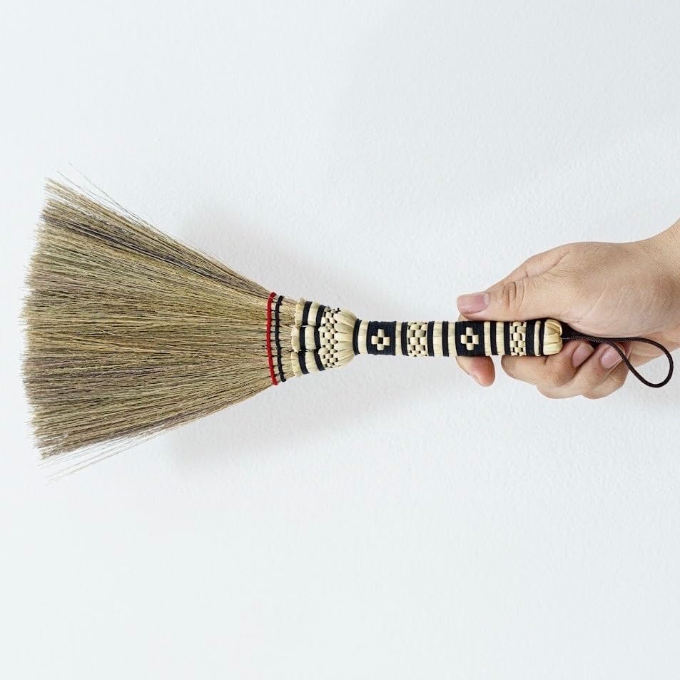 Image of (Tiny Size) 11 inch Short of Asian Whisk Broom Thai Natural Straw Broom with Embroidery Nylon Thread Handle with Nylon Hanger