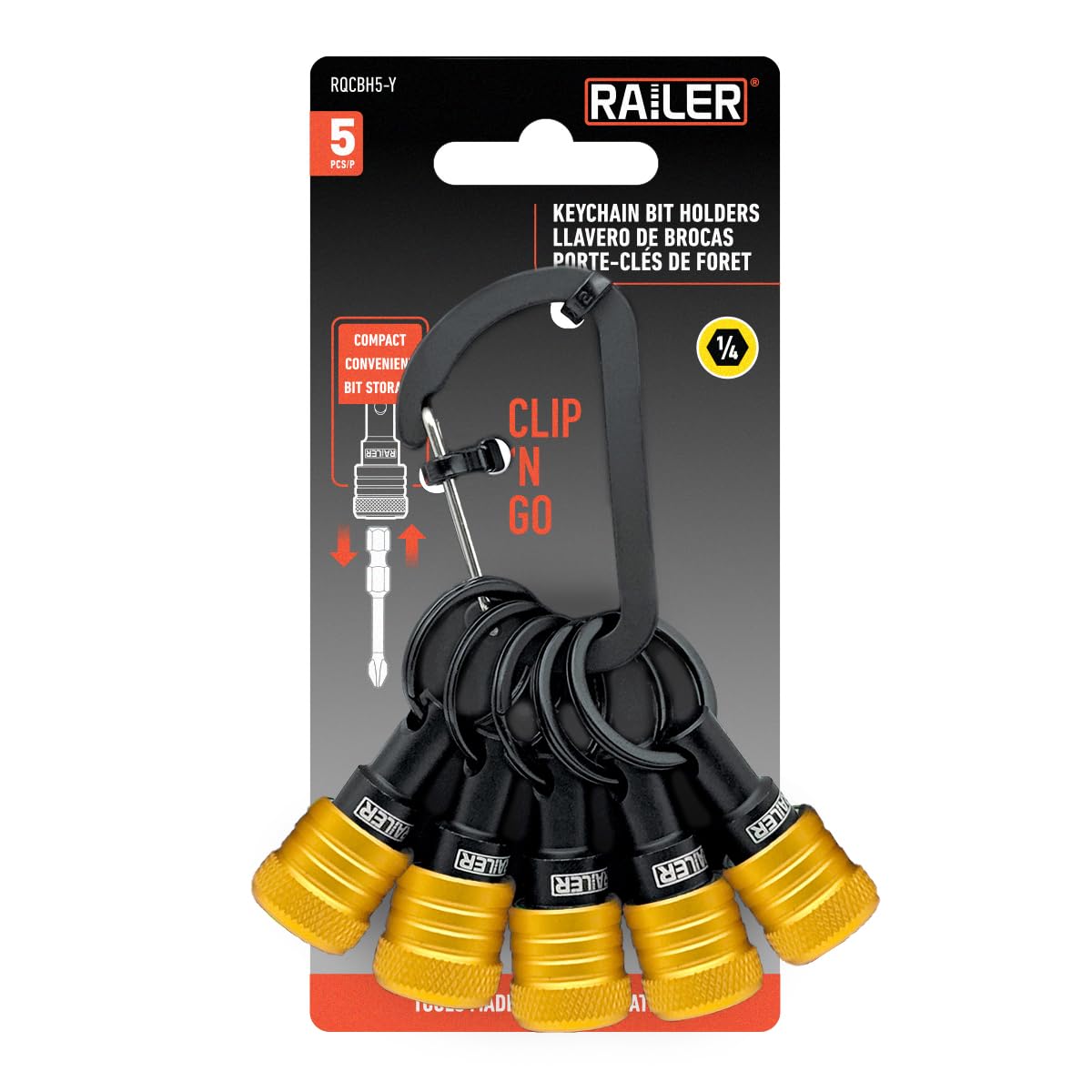 Key Chain with Rail holder 5pcs 1/4 Inch Hex Quick Release Holder for Nut Driver, Screwdrivers and Bits