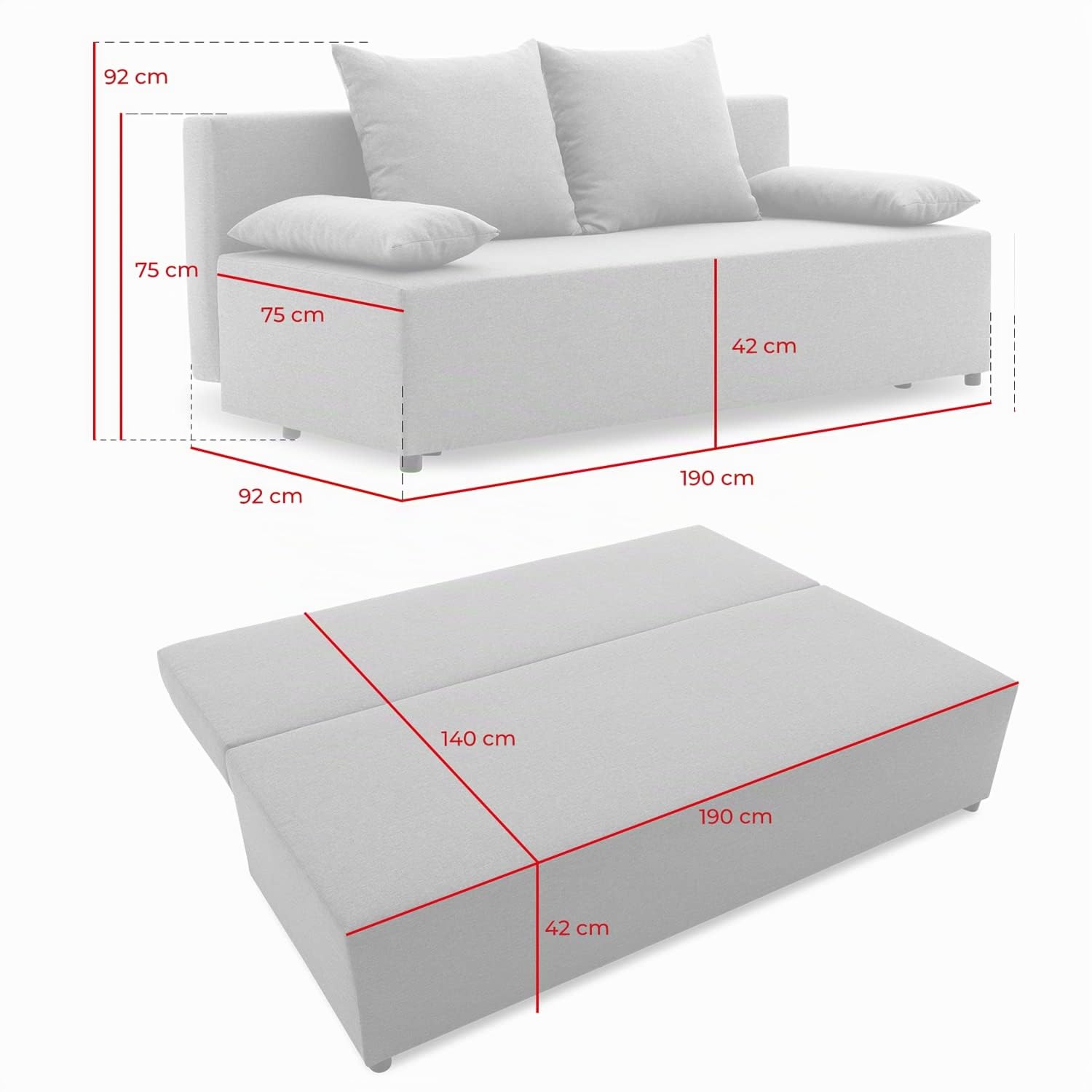Couch SINE 190x75 mit schlaffunktion - Klassisch Design - Schlafcouch mit Stauraum - Kissen - Auswahl an Farben (LUX 06)