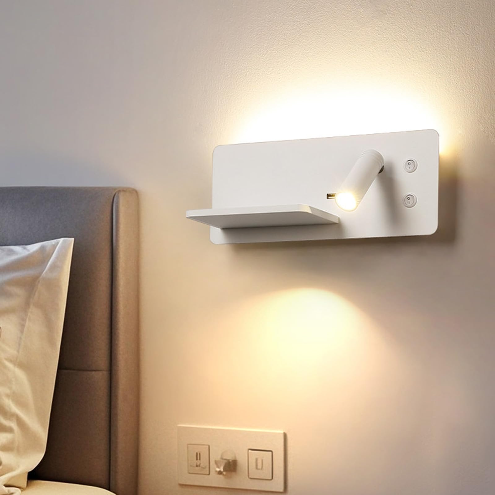 Lampa ścienna LED z przyłączem USB + bezprzewodowa ładowarka ścienna z przełącznikiem, oświetlenie ścienne 360° + 90°, obracana o 360° + 90°, lampa do czytania, do sypialni, zagłówka, hoteli (czarna