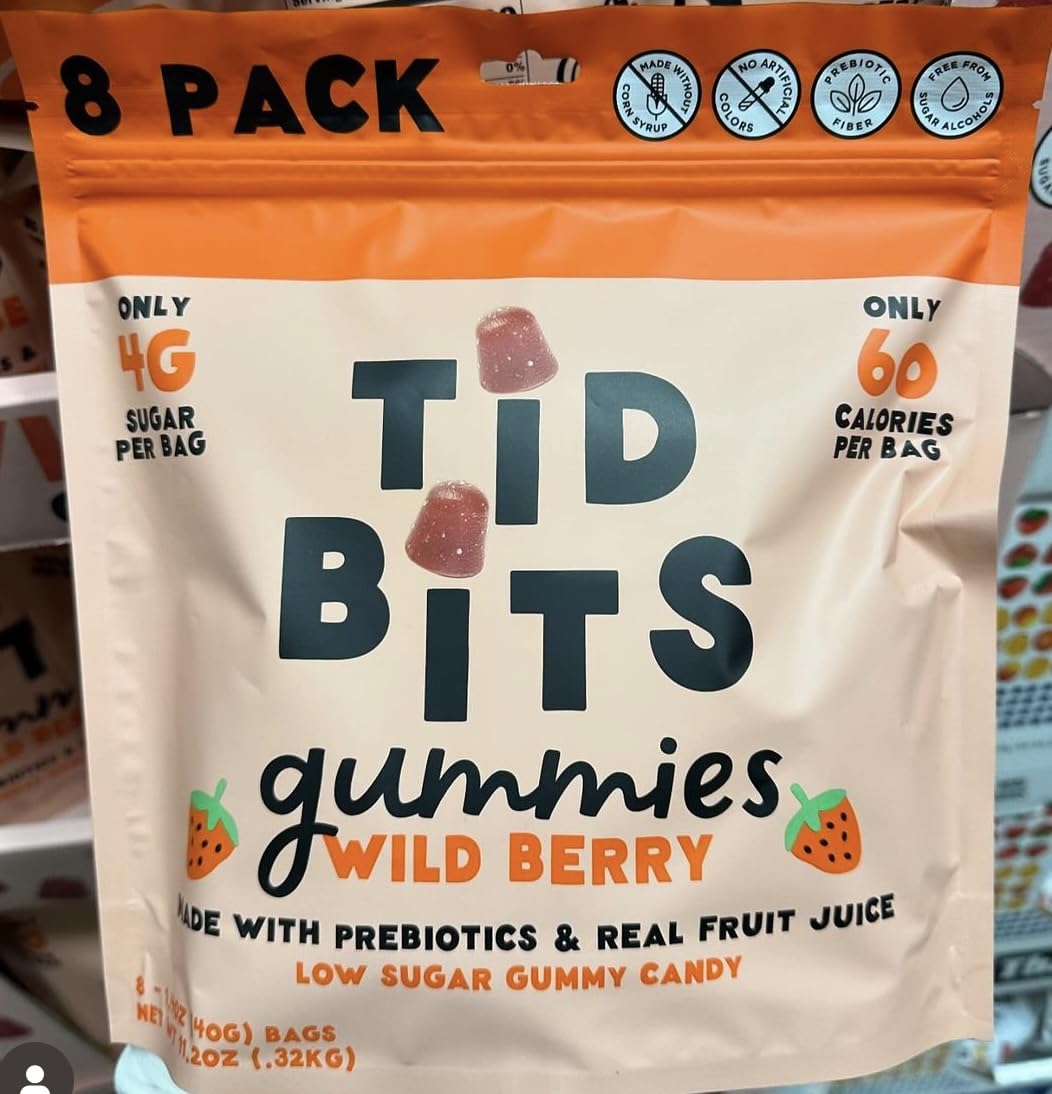 TiD Bits Gummy Candies ~ Wild Berry ~ 8 pack ~ Low Sugar, Low Calorie, No Artificial Sweeteners, Plant-Based Fiber