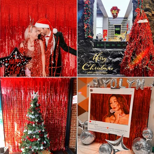 Image of 4 Pack Red Tinsel Foil Fringe Curtains Backdrop, Slmeno Red Metallic Fringe Backdrop Curtains Glitter Party Streamers, for Birthday Valentines New Year Holiday Party Decorations