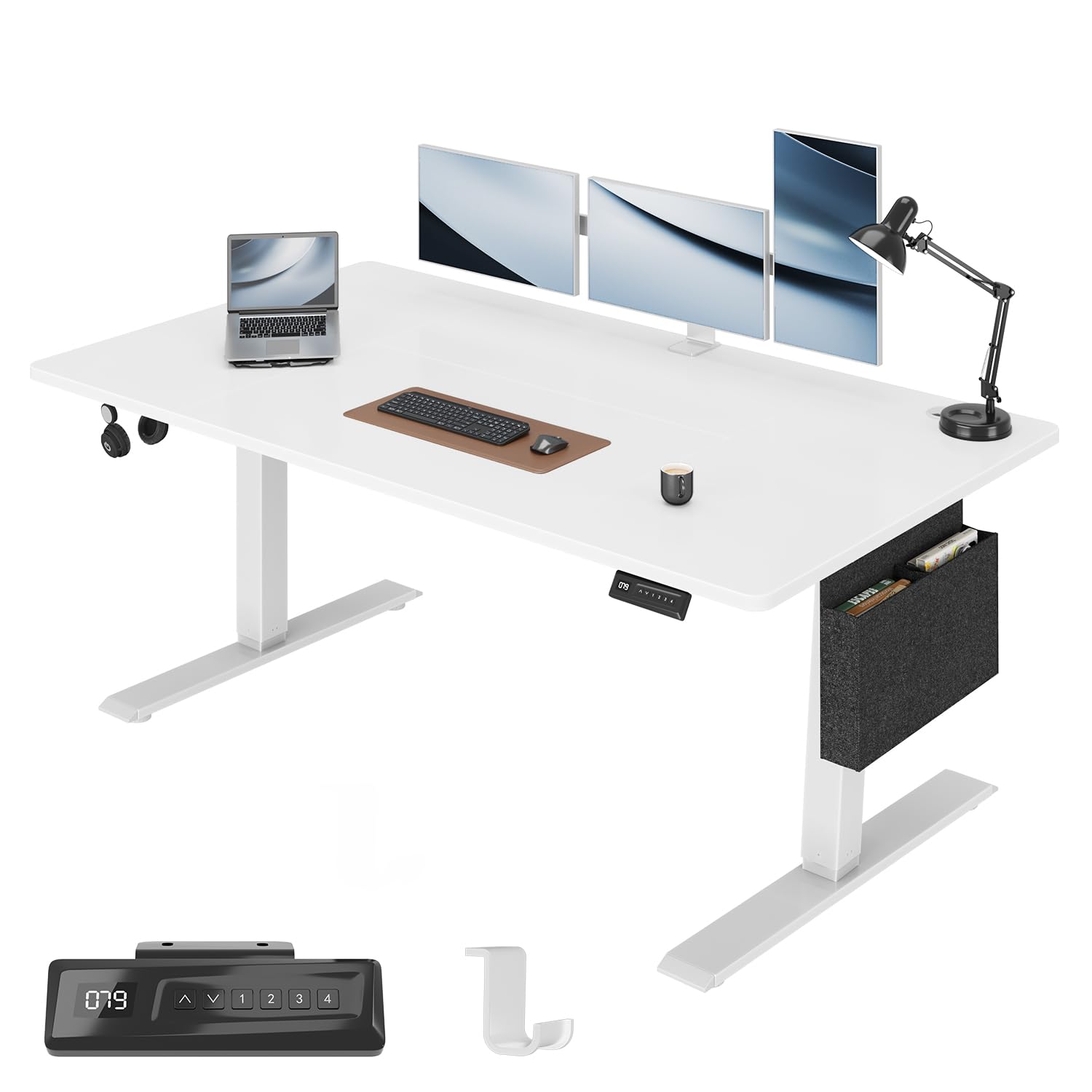 Airfish Höhenverstellbarer Schreibtisch Elektrisch 160x70cm, Stabiler Schreibtisch mit Aufbewahrungstasche, Memory-Funktion mit 4 Höhen, Computertisch für Homeoffice, Stehpult, Standing Desk, Weiß
