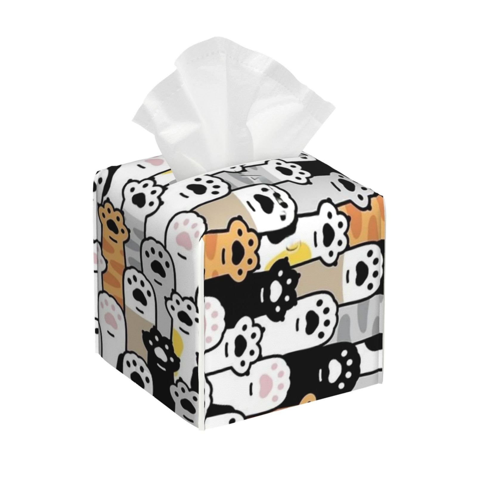 Cat Paws Tissue Box Cover 5" Square Leather Tissue Holder Facial Tissue Case for Tabletop Bedroom Bathroom Desk Decor