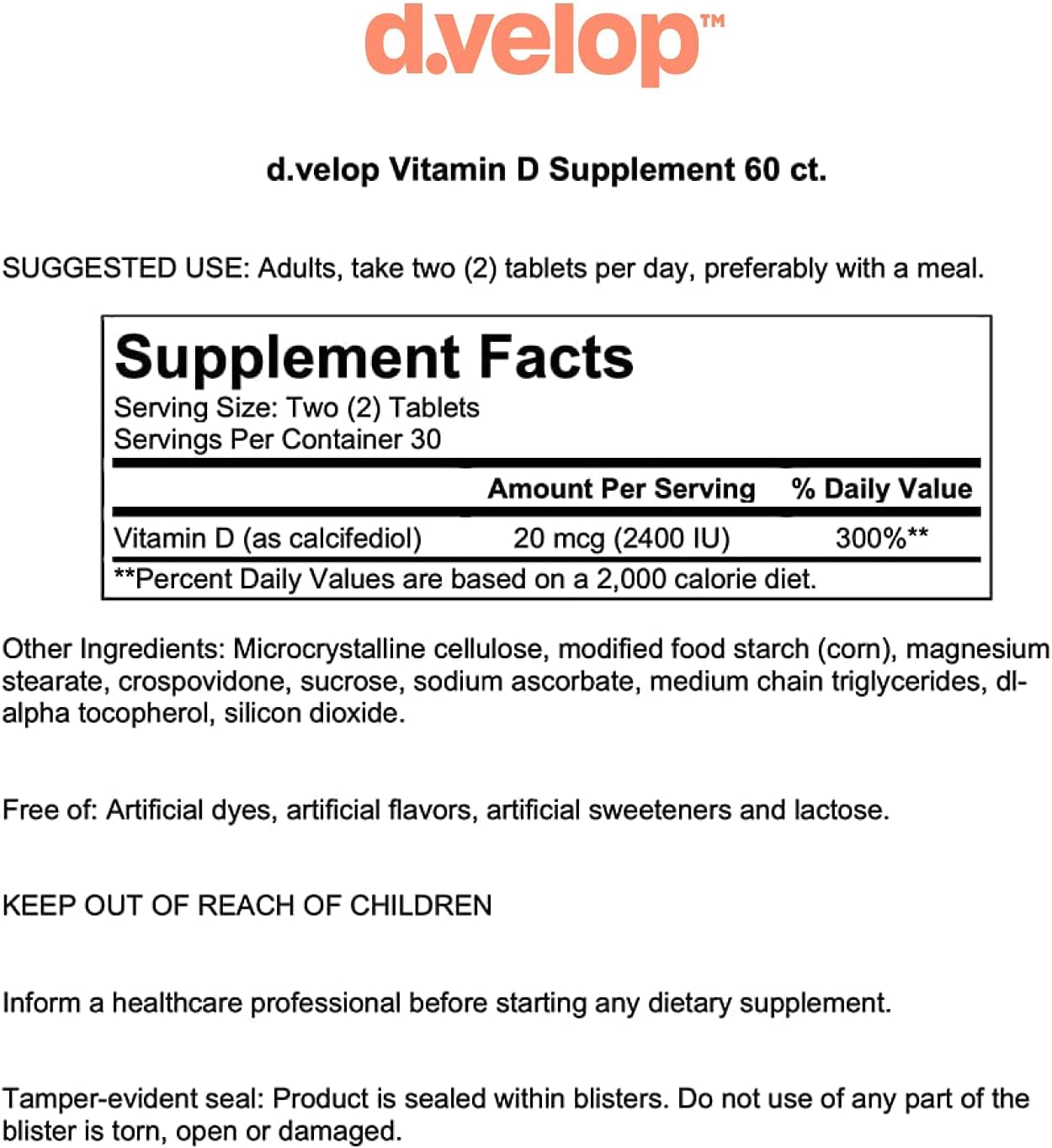 d.velop Vitamin D Supplements 2400 IU, 20 mcg – High Potency Vitamin D3 for Immune Support, Bone & Heart Health – 3X Faster & More Effective - Clinically Tested - Vitamin D Pills, 60 Count : Health & Household