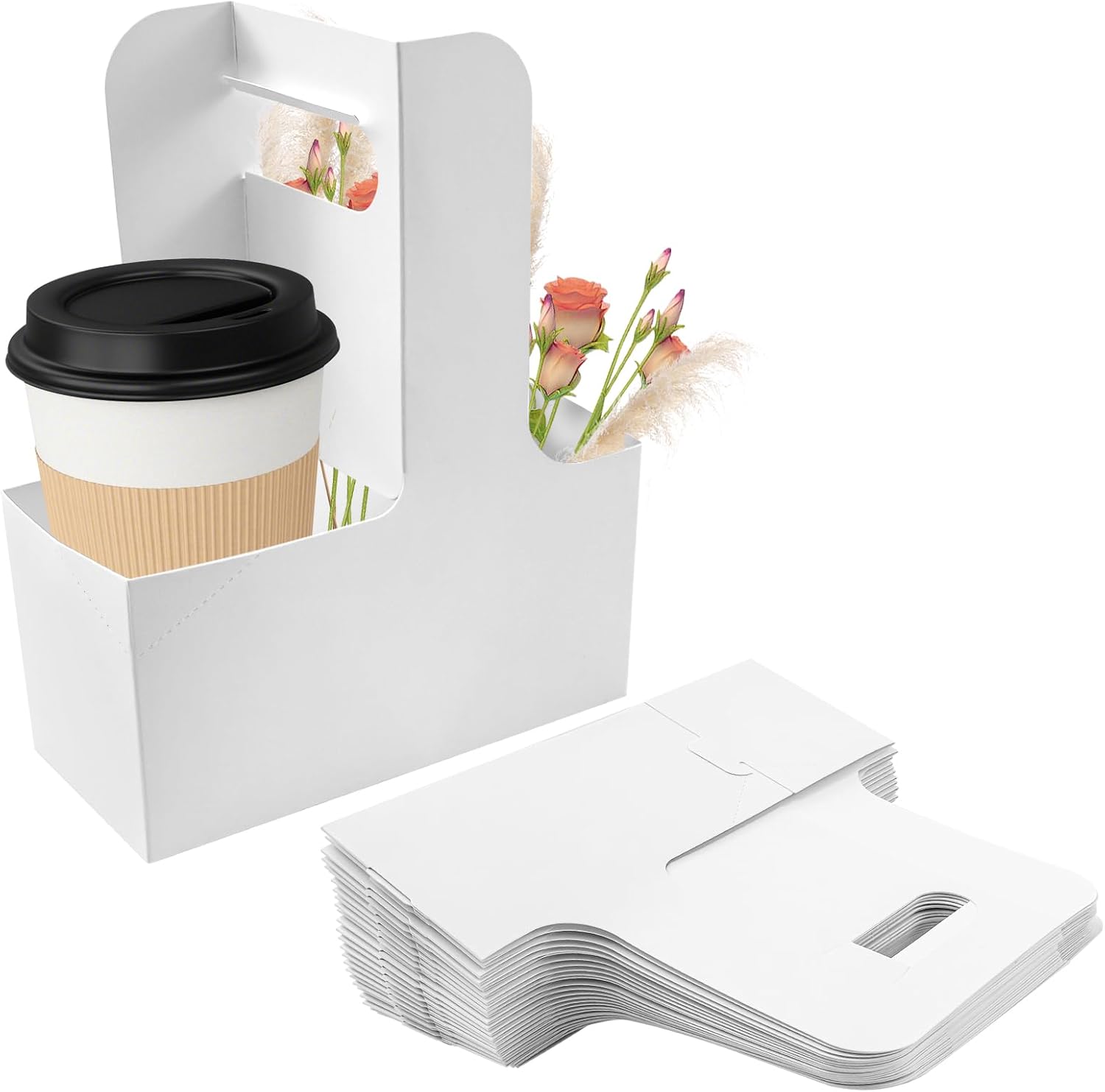 50 Pcs 2 Cup Drink Carrier, Paperboard Coffee Cup Holder for Hot Cold Drinks Coffee, Foldable Tray Drink Caddy Cup Carriers, Food Delivery Accessories for Takeout Restaurant Cafe
