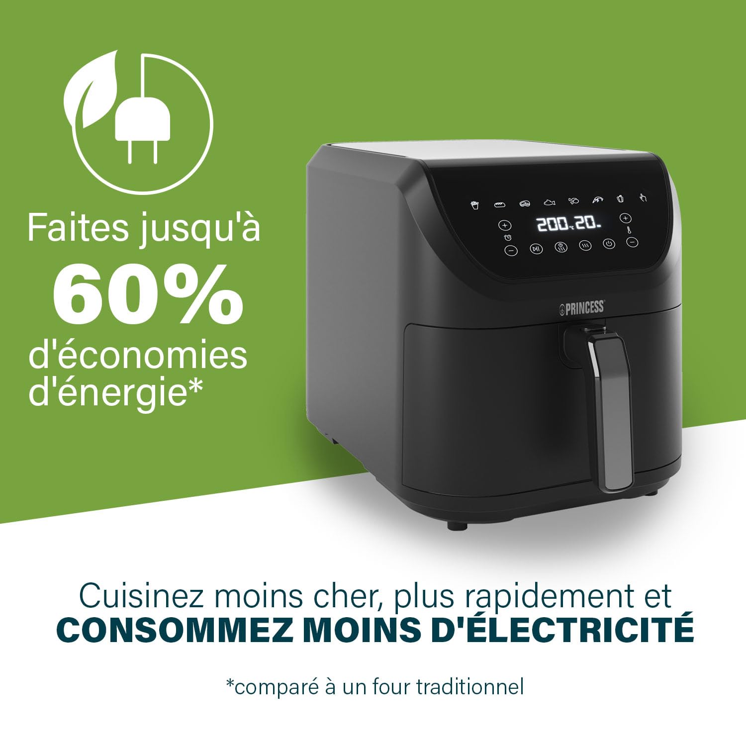 Princess friteuse sans huile SlimFry - Design peu encombrant - Sans BPA - 8 L - 8 programmes - Température & minuterie réglables - 2 000 W - 182256, Noir