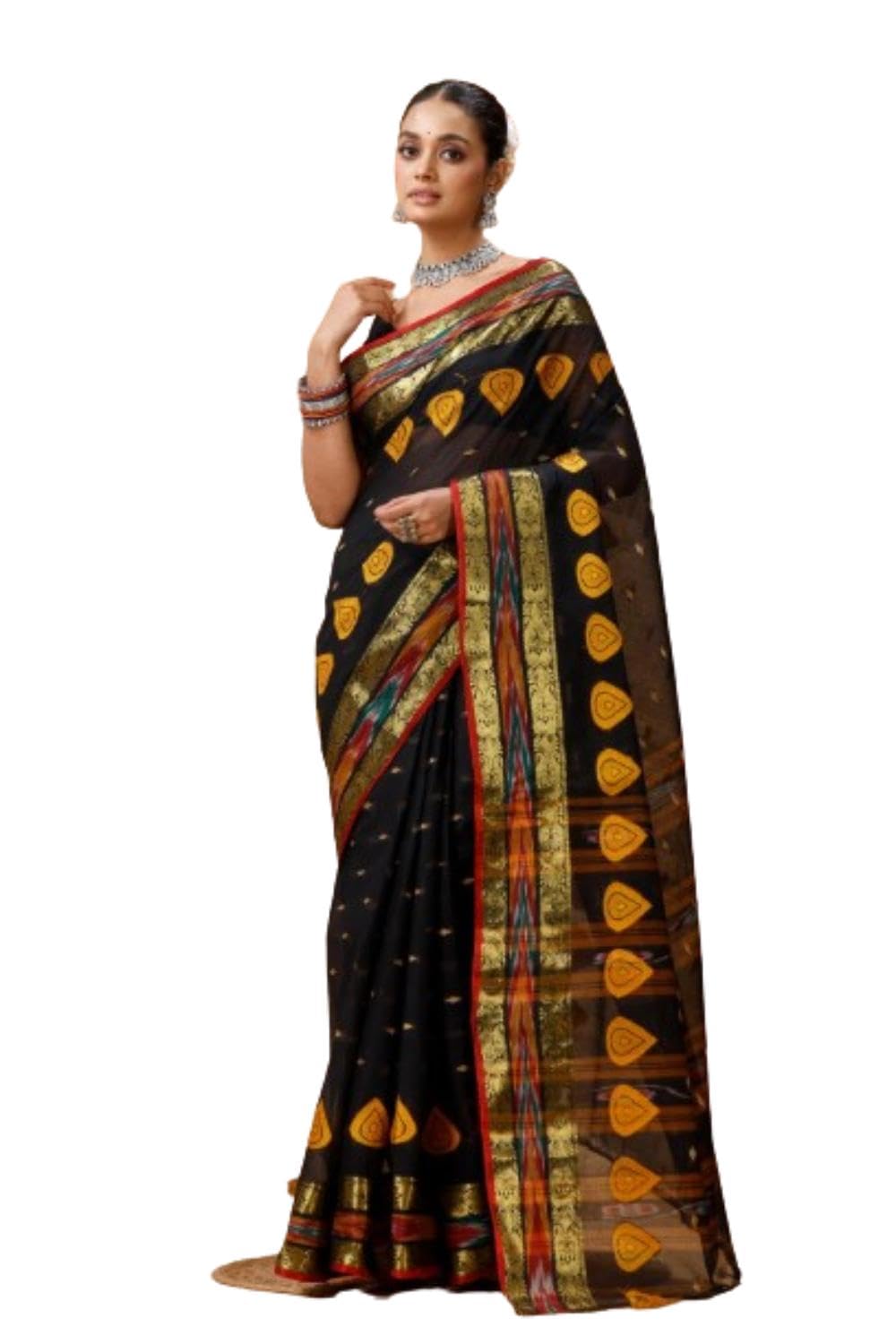Pure Cotton Sambalpuri Kataki Tant Saree, Handwoven, With Golden Motifs, 5.5m, Lightweight & Comfortable, Fancy Saree,-picture-23