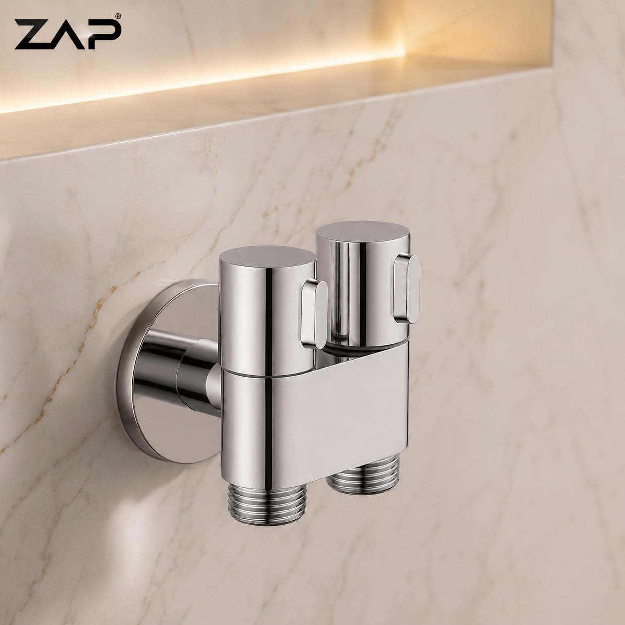 ZAP Brass 2-in-1 Angle Valve for Bathroom | Chrome Plated Dual Outlet Angle Cock with Wall Flange | Stainless Steel 2 Way Bib Tap for Health Faucet, Jet Spray, Wash Basin & Toilet Shower Connection