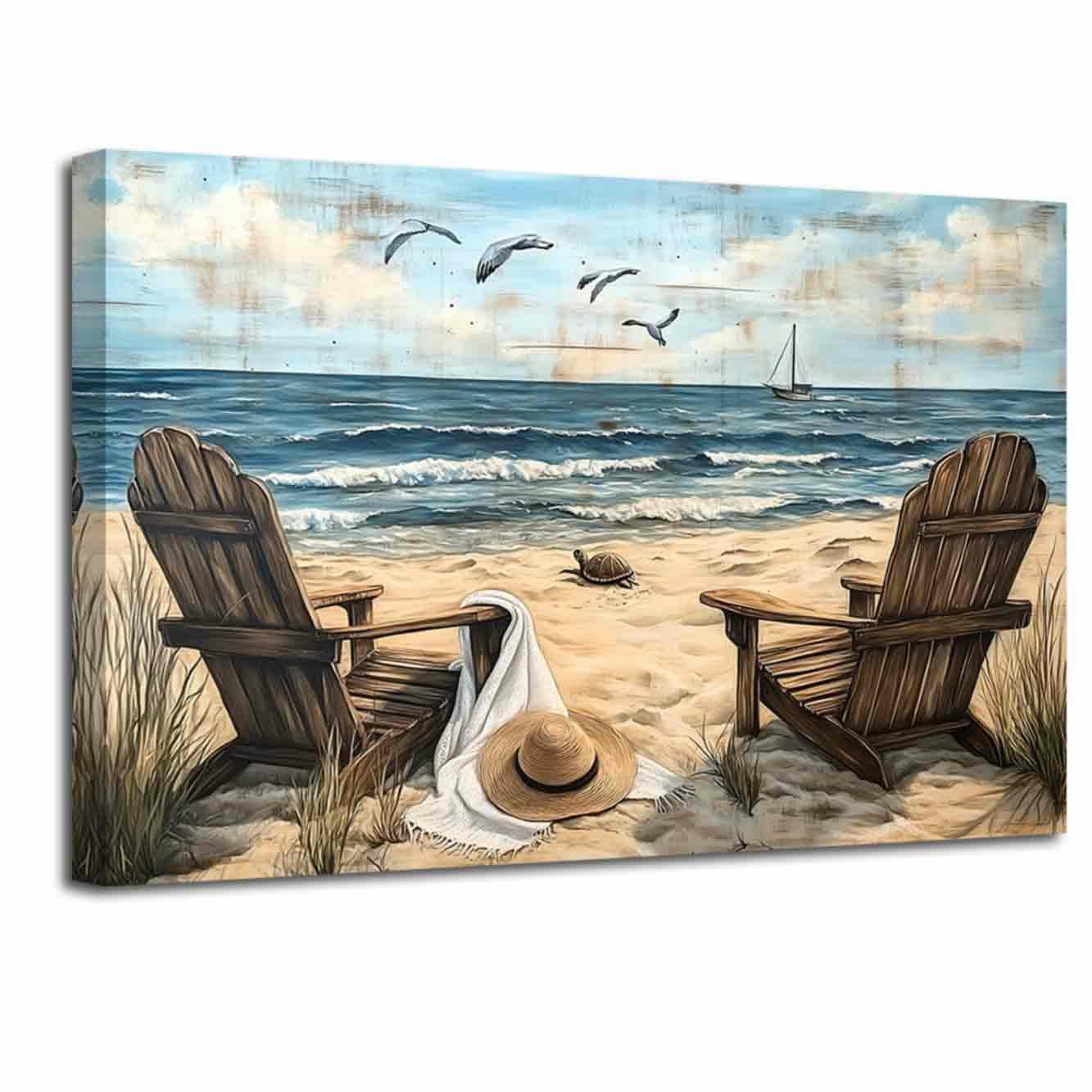 LZIMU Beach Canvas Wall Art Coastal Chair Pictures Prints Blue Ocean Paintings Relaxing Sea View Poster Seaside Artwork Seagull Sailboat Poster Bathroom Home Decor (Yellow, (70L x 105W cm)) — image 1