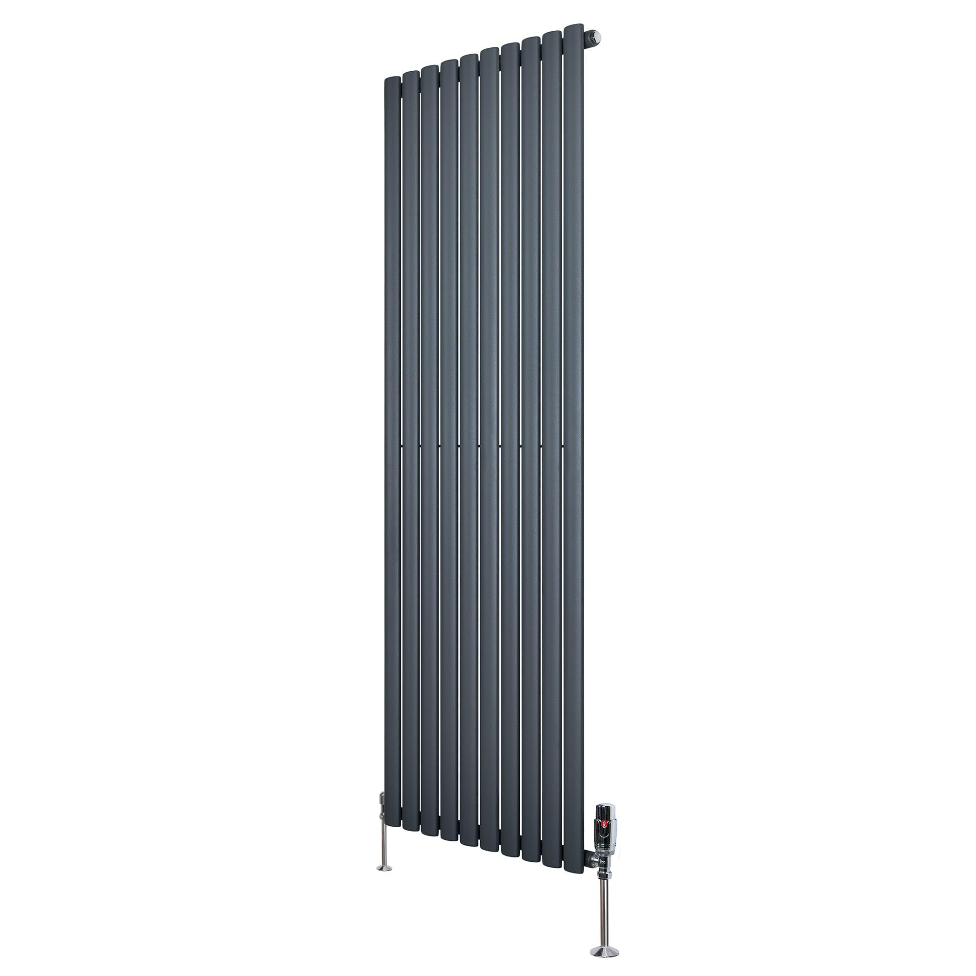 Oval Single Column Radiator 1800mm x 600mm & TRV Chrome Valves Modern Designer Single Panel Central Heating Heater Anthracite Grey Carbon Steel Horizontal FREE Cleaning Brush Fixing Kit & Brackets