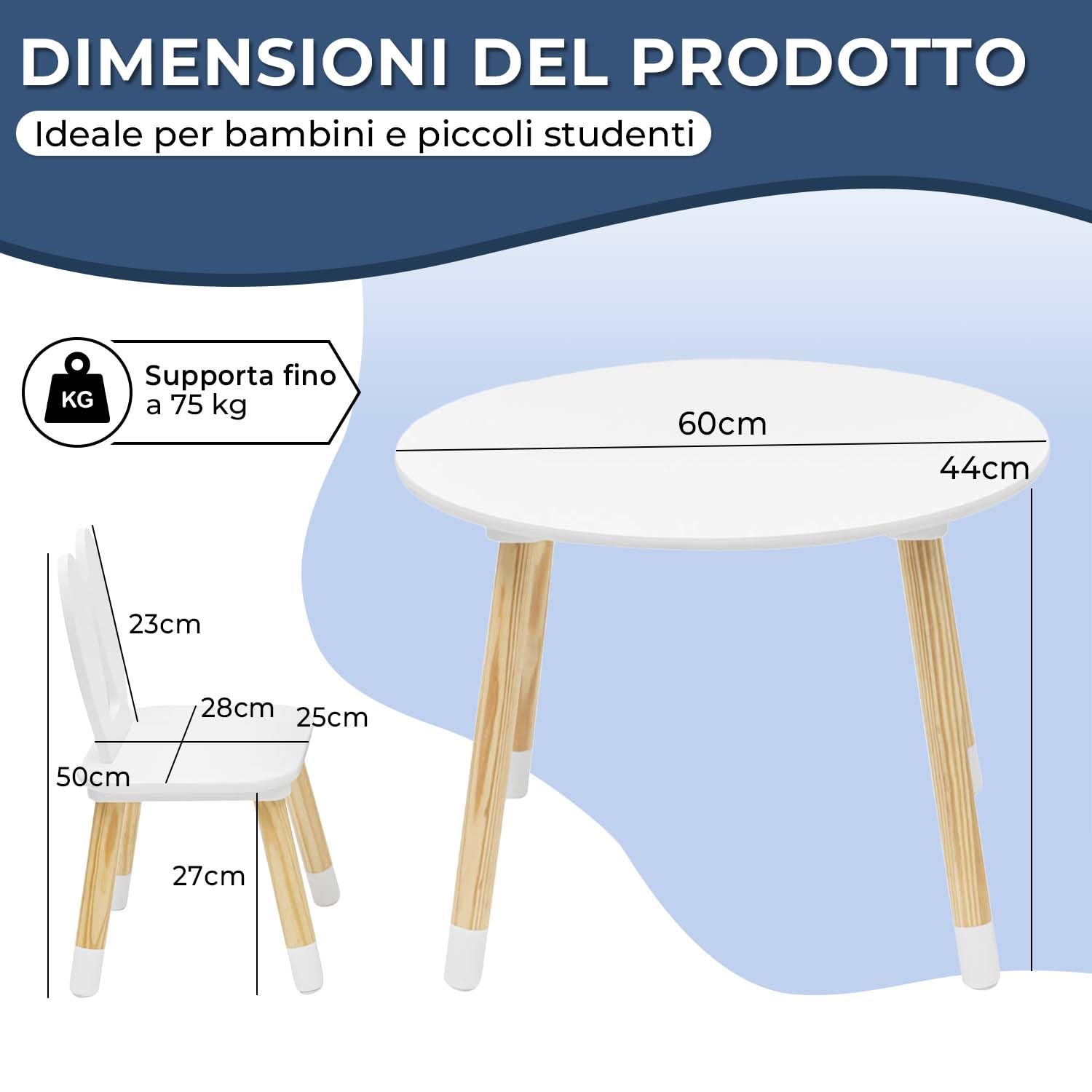 Rebecca Mobili Set Tavolino E Sedie Per Bambini, Tavolo Bambini Con Seggiole, Bianco Marrone, MDF Pino, Per Cameretta Asilo - Misure: 44 x 60 x 60 cm / 50 x 28 x 25 cm - Art. RE6849