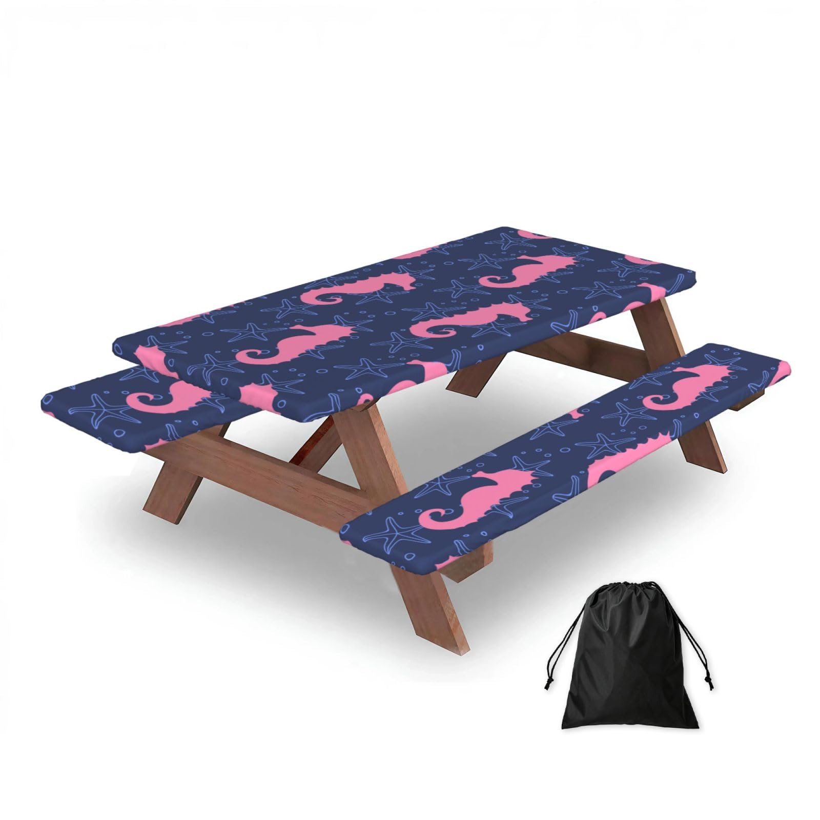 Dopklna As Picture Seahorse Silhouette Starfish, Picnic Table Cover With Bench Covers -Waterproof Elastic Fitted Tablecloth For Garden Camping Patio 76X152cm