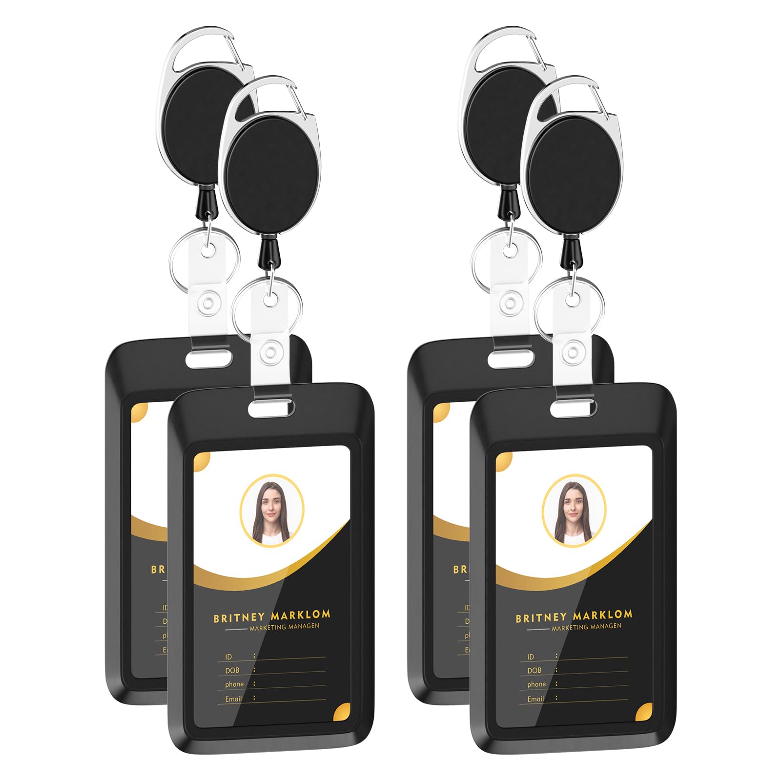 BELIKY 4 PCS Sliding Black ID Badge Holder with Retractable Badge Reel, Heavy Duty Plastic Vertical Key Card Holder with Carabiner for Office School Factory ID Credit Cards