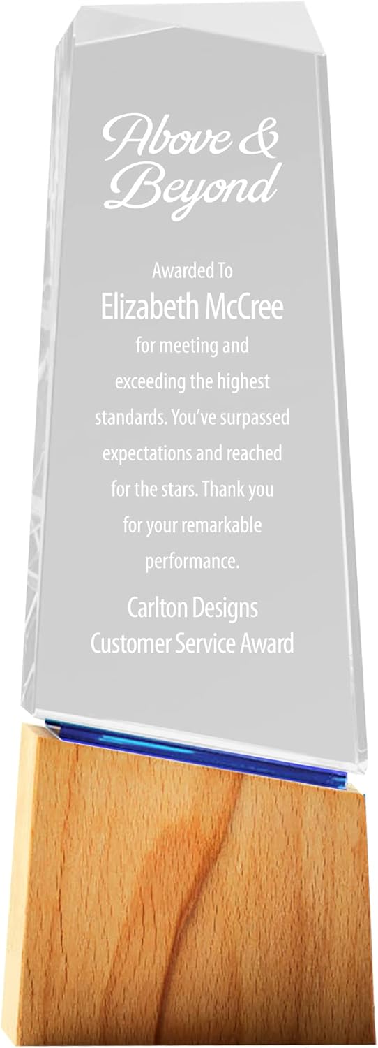Baudville Custom Engraved Trophy - Wooden Base and Blue Accented Crystal - Modern Design