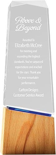 Baudville Trofeo grabado personalizado, base de madera y cristal acentuado azul, diseño moderno