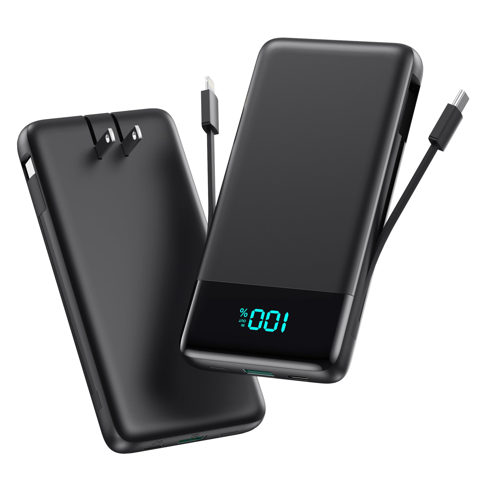 Portable Charger for iPhone 13800mAh Slim Power Bank with Built-in Cables AC Wall Plug All in One 4