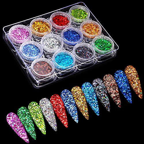 12 Boxes Holographic Nail Art Sequins Glitter Nail Flake Powder Colorful Shinning Nail Paillette Glittery Sequin Decorations for Nail Makeup Supplies