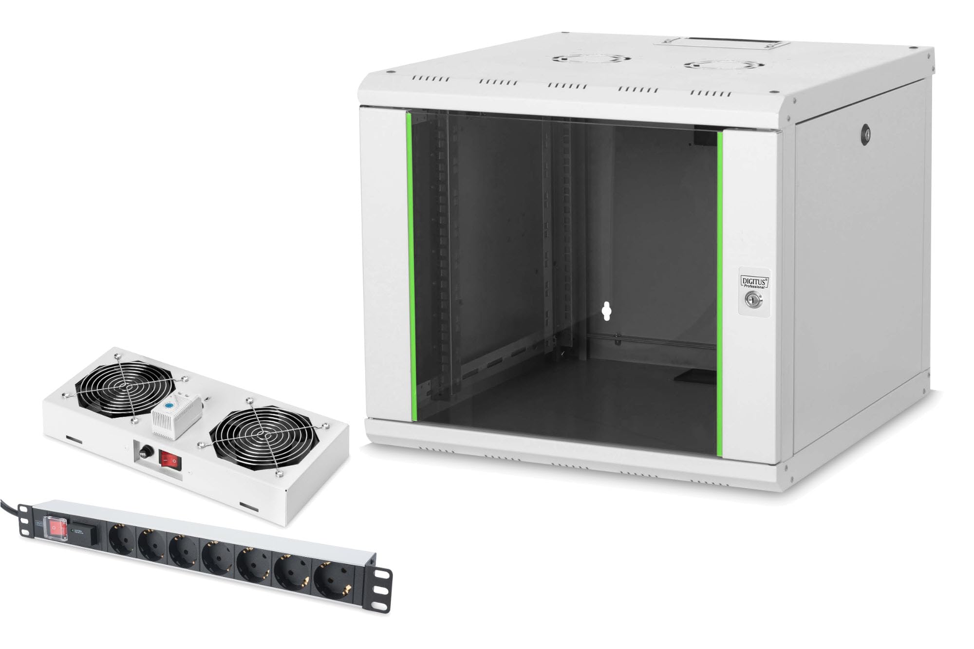 DIGITUS Set: Armoire réseau 19" 9U + Ventilateur de Toit + Bloc multiprise 7 Ports // Rack 19 Pouces - Montage Mural - Profondeur 600mm - Charge 100kg - Profondeur utile 305-450 mm - Gris