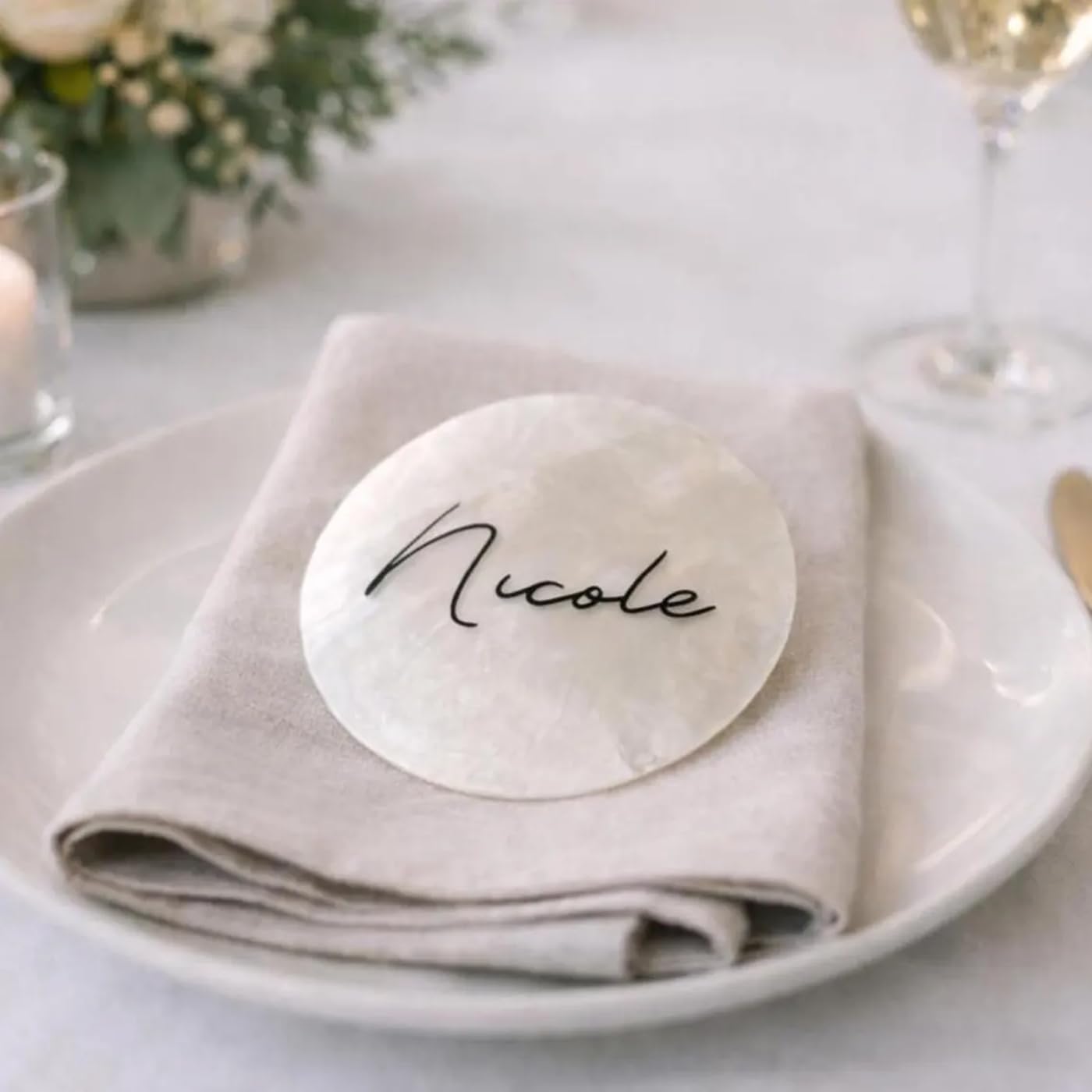 Tischkarte, Namenskarte aus Muscheln | individuell beschriftet | mit Vinylfolie - Hochzeit, Geburtstag und Feier (50 Stück)