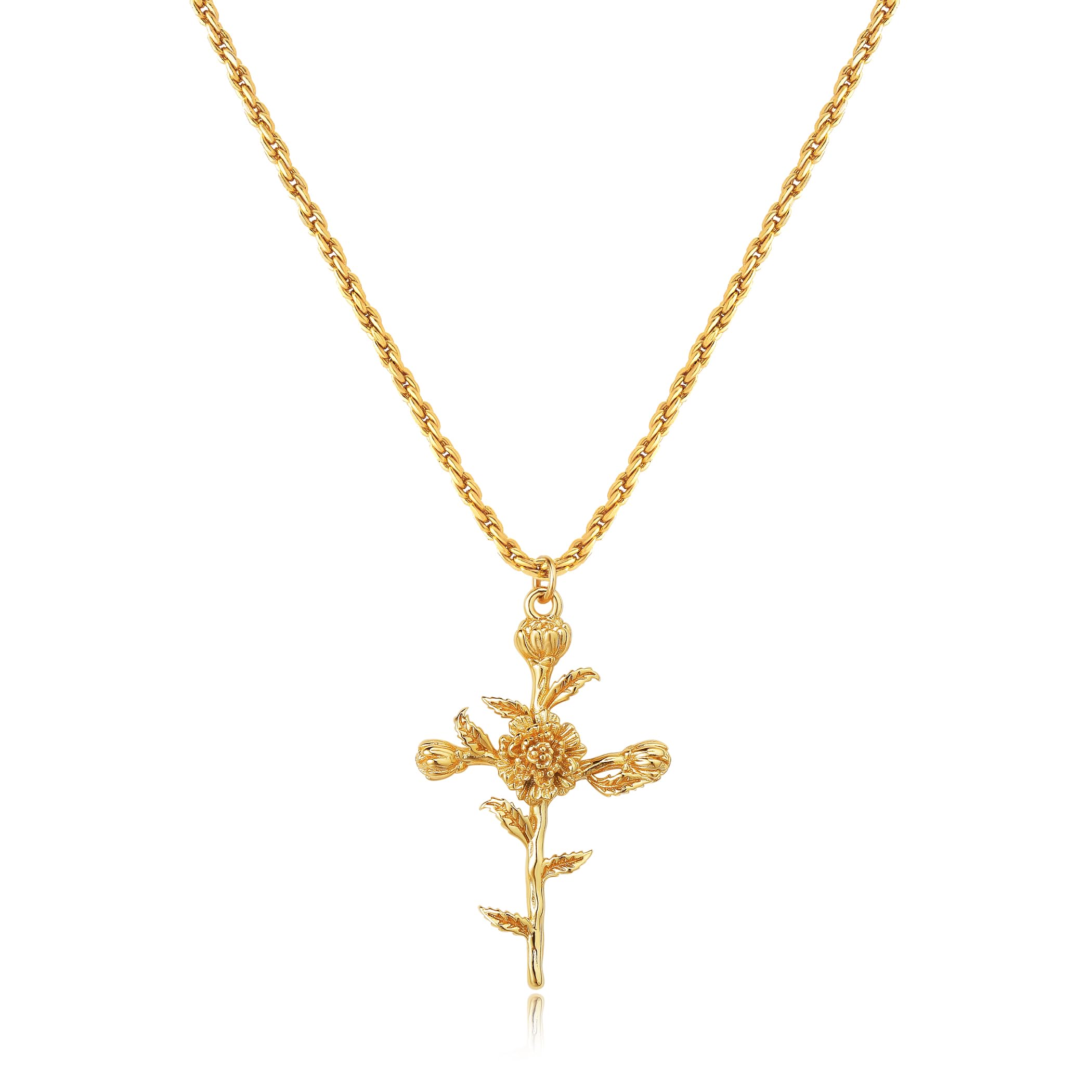LADYGD Cross Necklace for Women 14K Gold Plated Birth Flower Necklaces Rope Cross Pendant Fashion Gold Jewelry Birthday Gifts 12 Month