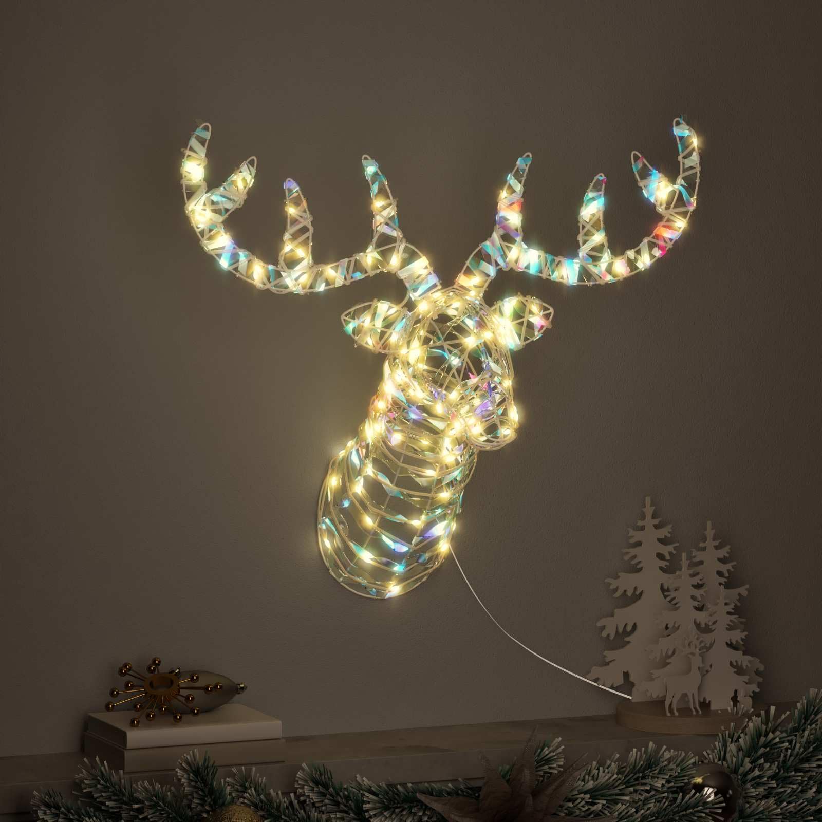 Trineo de reno blanco cálido 68 x 36,5 x 62,5 cm PET decoración navideña con iluminación LED para interiores y exteriores, decoración de temporada, duradero, fácil montaje
