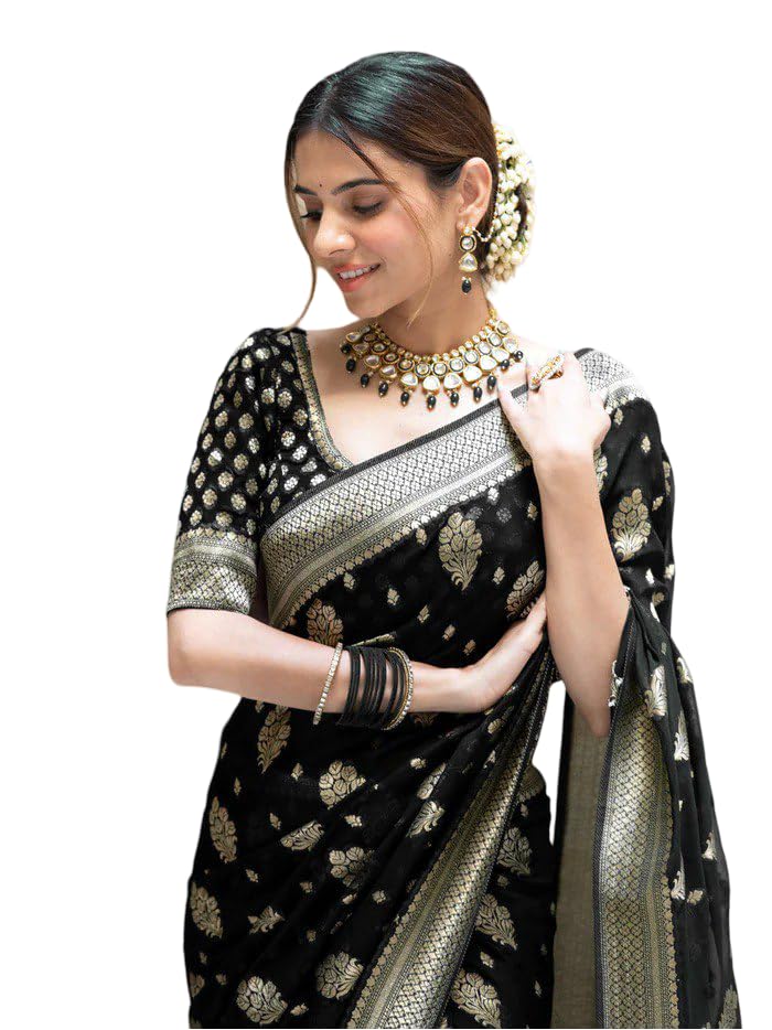 Flosive Women's Kanjivaram Silk Saree With Zari Weaving Work With Blouse Piece (Black)