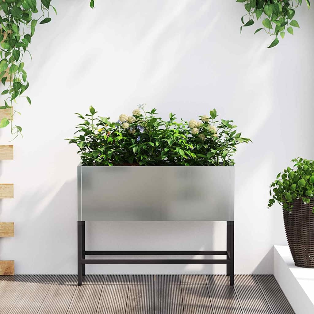 Podwyzszona doniczka ogrodowa metalowa 60x26x45 cm srebrna prostokatna donica na kwiaty na taras balkon odporna na UV stal galwanizowana nowoczesny styl latwy montaz