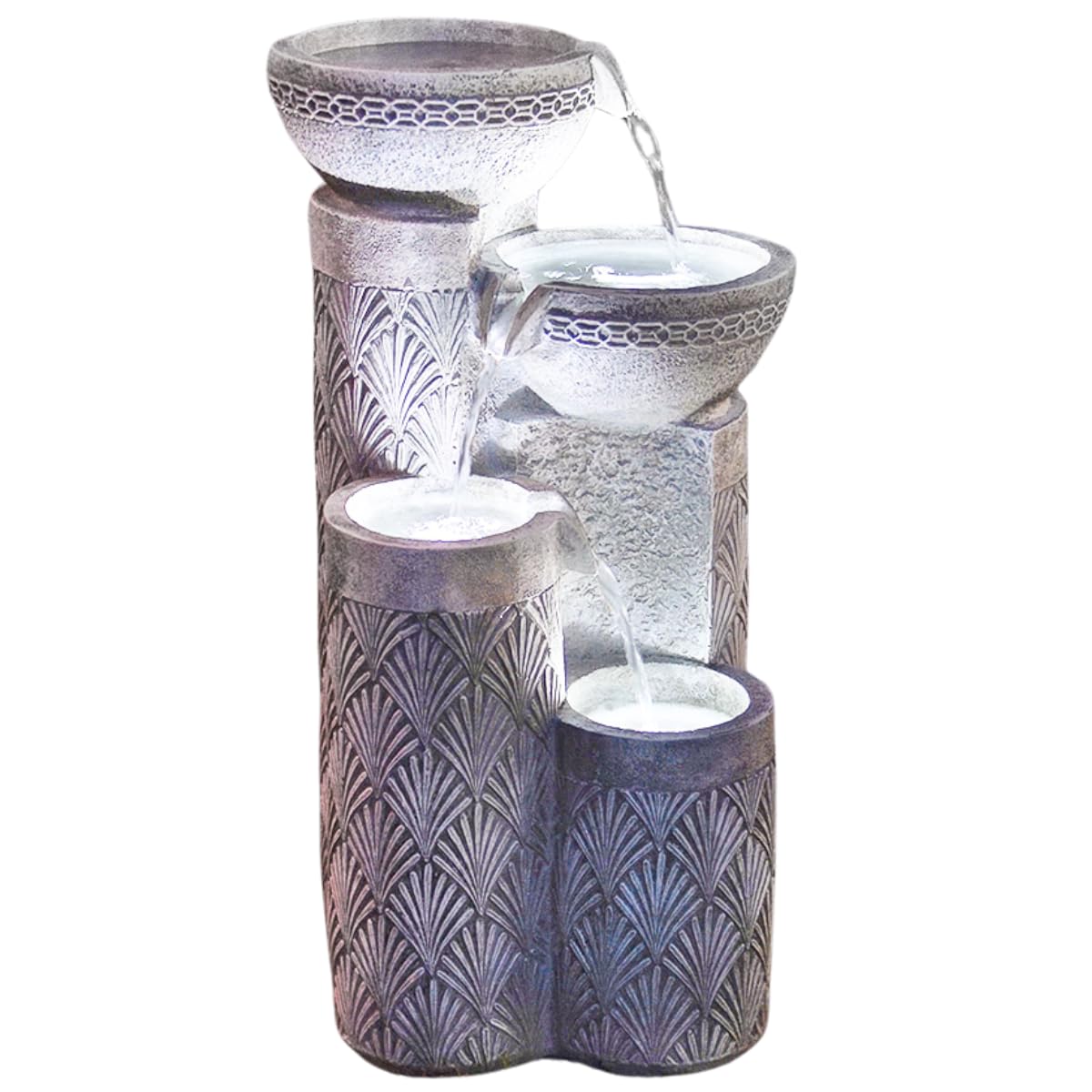 Festive Lights - 50cm White Seashell Pattern Solar Powered LED Lit 4-Tier Cascading Bowls Water Feature - Outdoor Polyresin Garden Fountain, Timer Functions, External Panel, 5m Cable Included