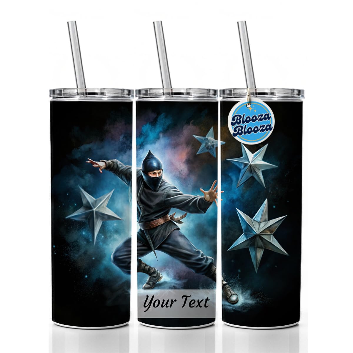 Personalized Custom Name Text Ninja Warrior Throwing Stars Black Watercolor Skinny Tumbler 20oz with Straw Insulated Water Bottle Gift - 1 Line Horizontal