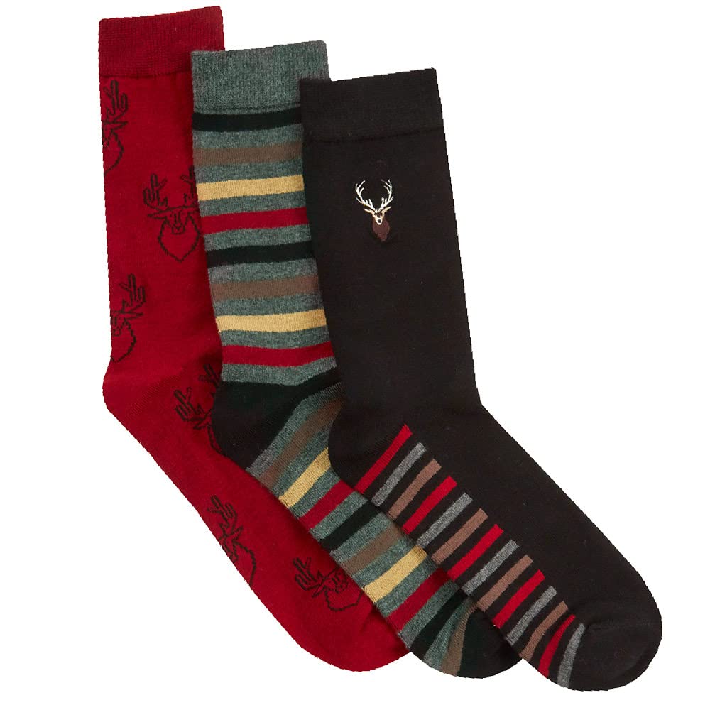 Metzuyan Mens Bamboo Viscose Classic Mid Calf Stripped Embroidered And Printed Everyday Socks Grey Deer Size UK 6-11