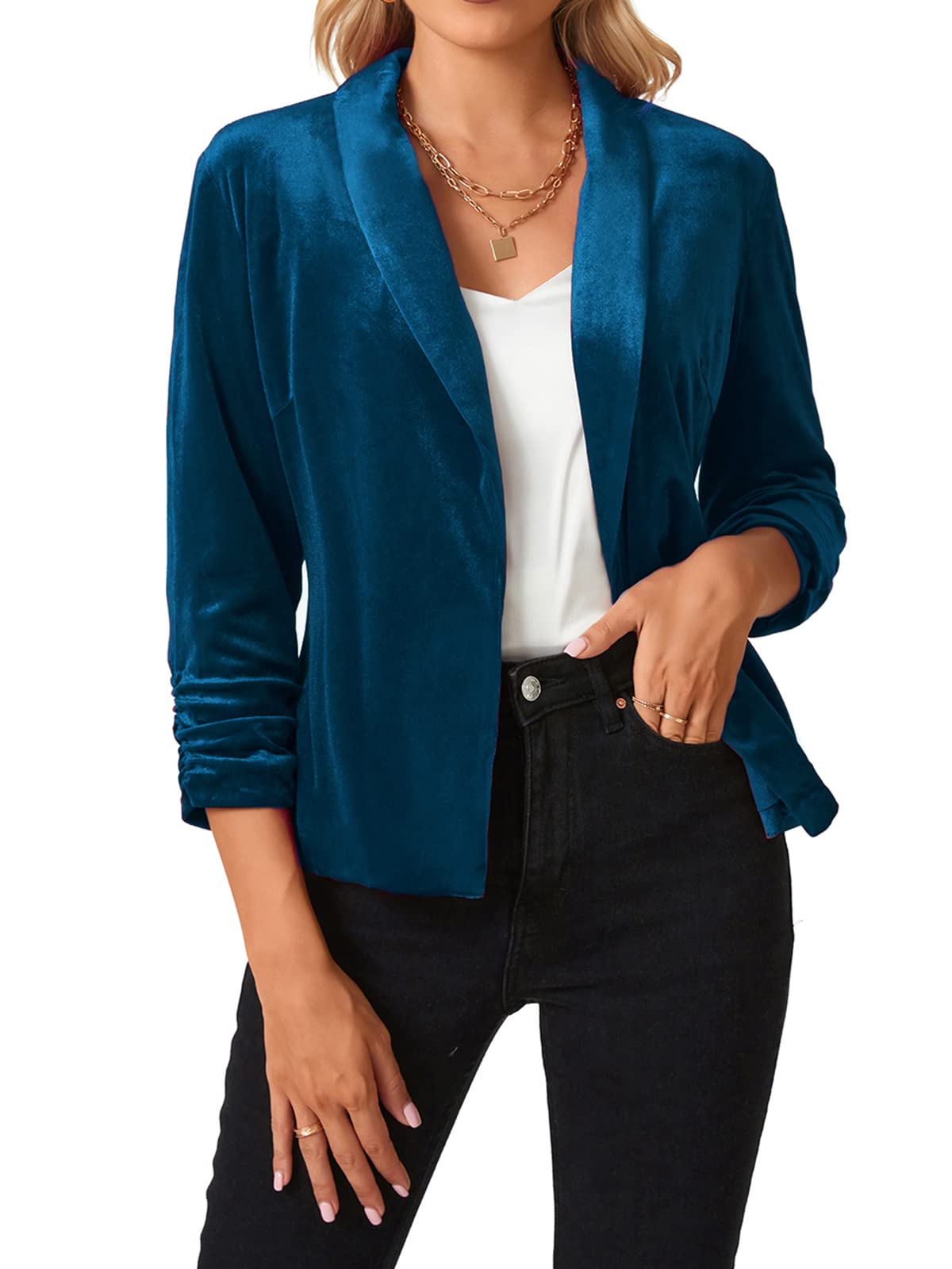 MINTLIMIT Womens Velvet Blazer 3 4 Ruched Sleeve Jacket Shawl Lapel Open Front Casual Blazers Jackets