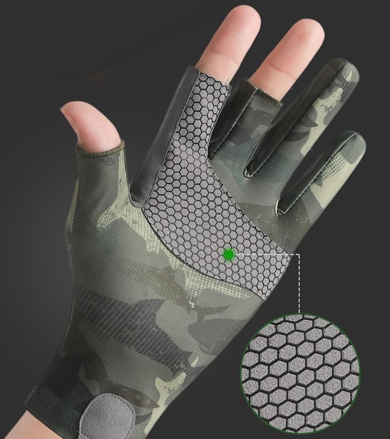 JIAHG Mens Camo Ice Silk Fishing Gloves 3 Finger Cut Anti-Slip Kayaking Sea Fishing Gloves UPF 50+ Sun UV Protection Fingerless Glove for Paddling Rowing - Image 2
