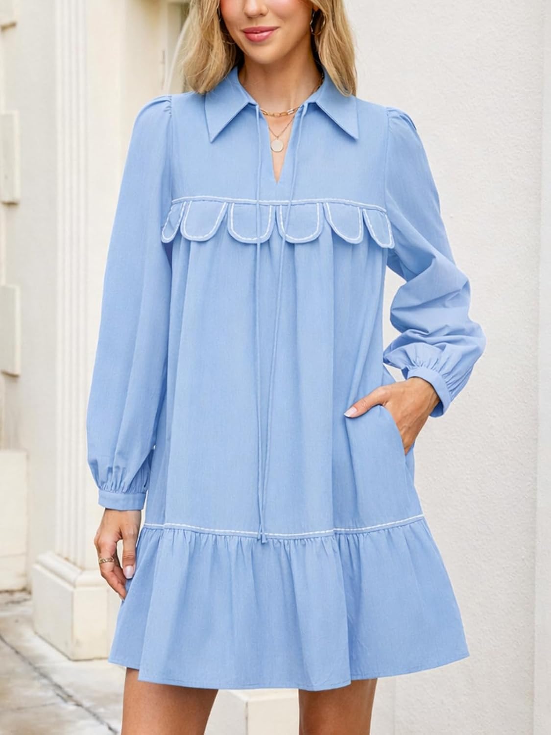 Women’s Long Sleeve Mini Dress Loose Fit Collared Casual Dress Ruffle Hem Elegant Shift Dress - Image 3