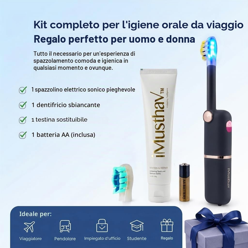 Spazzolino elettrico sonico pieghevole da viaggio con funzione di pulizia UV, funzione sbiancante, spazzolino elettrico per adulti, spazzolini da denti da viaggio