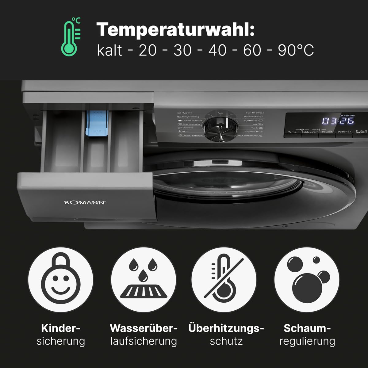 Bomann Waschmaschine 7kg 1400 U/min Invertermotor 15 Programme WA 7175 titan - schwarz