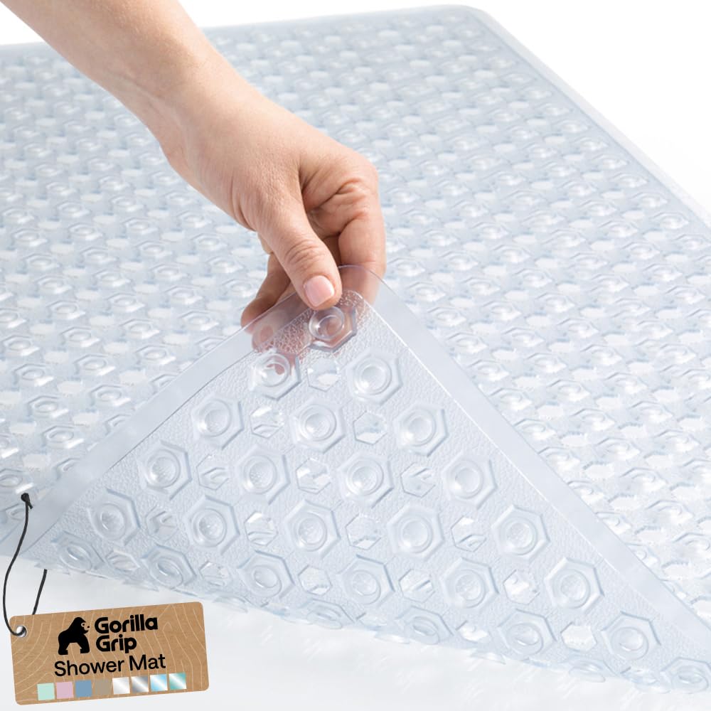 Patented Shower and Bathtub Mat, 35x16, Long Bath Tub Floor Mats, Suction Cups and Drainage Holes Keeps Floors Clean, Machine Washable, Soft on Feet, Bathroom and Spa Accessories, Clear