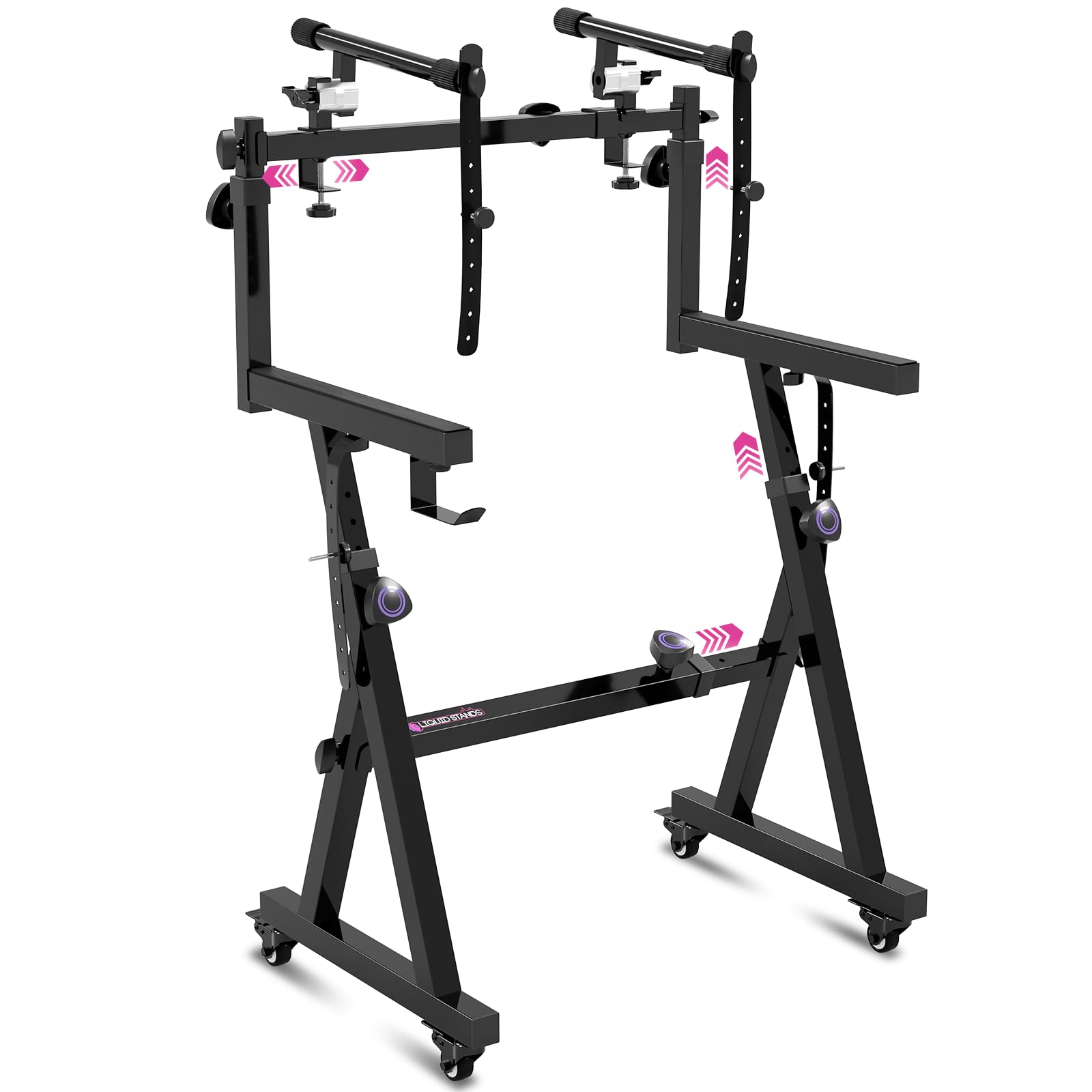 Liquid Stands Dual Piano Keyboard Stand w/ Wheels and 2nd Tier - Rolling Z Style Adjustable, Portable 2 Tier Heavy Duty Music Stand for Synths and Electric Digital Keyboards - Fits 54 61 88 Key Pianos