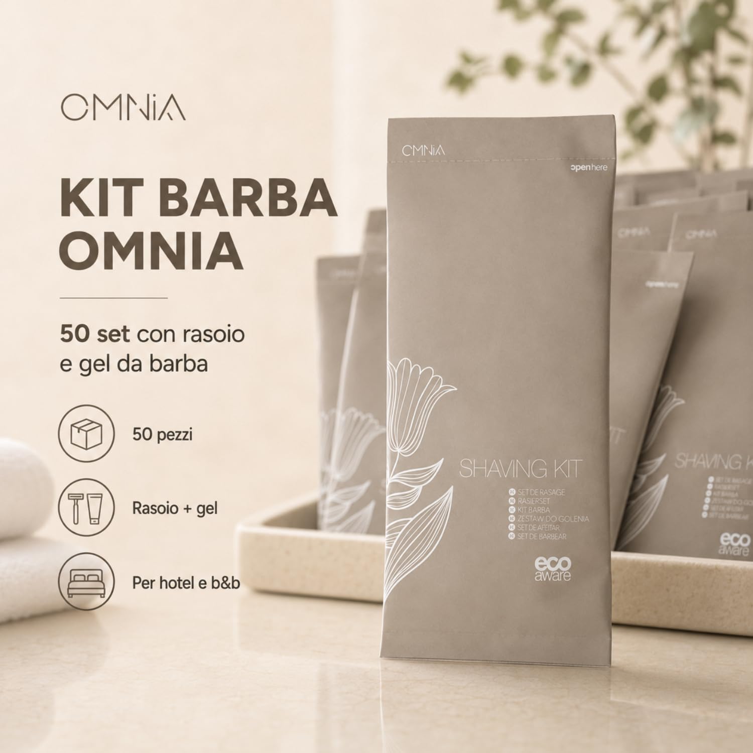 Kit barba uomo 50pz linea cortesia omnia per hotel e b&b, Set con rasoio e gel da barba 15 ml