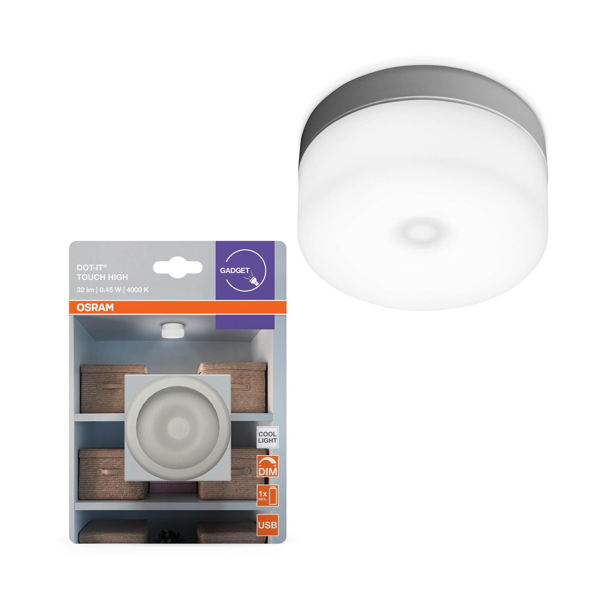 OSRAM DOT-it TOUCH High LED Luminaire in white, showing its compact design and various application scenarios.