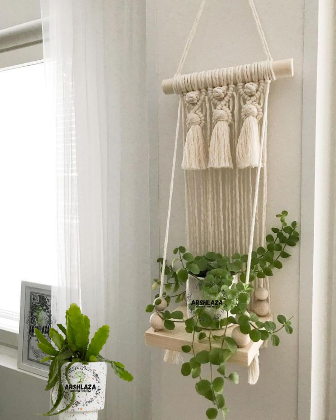 Macramé Wooden Wall Hanging Shelf |WS60| Modern Chic Woven Macrame Tapestries, Wall Art Home Decor for Apartment, Dorm, Bedroom, Living Room, Nursery, Party Decorations, 10" x 15"