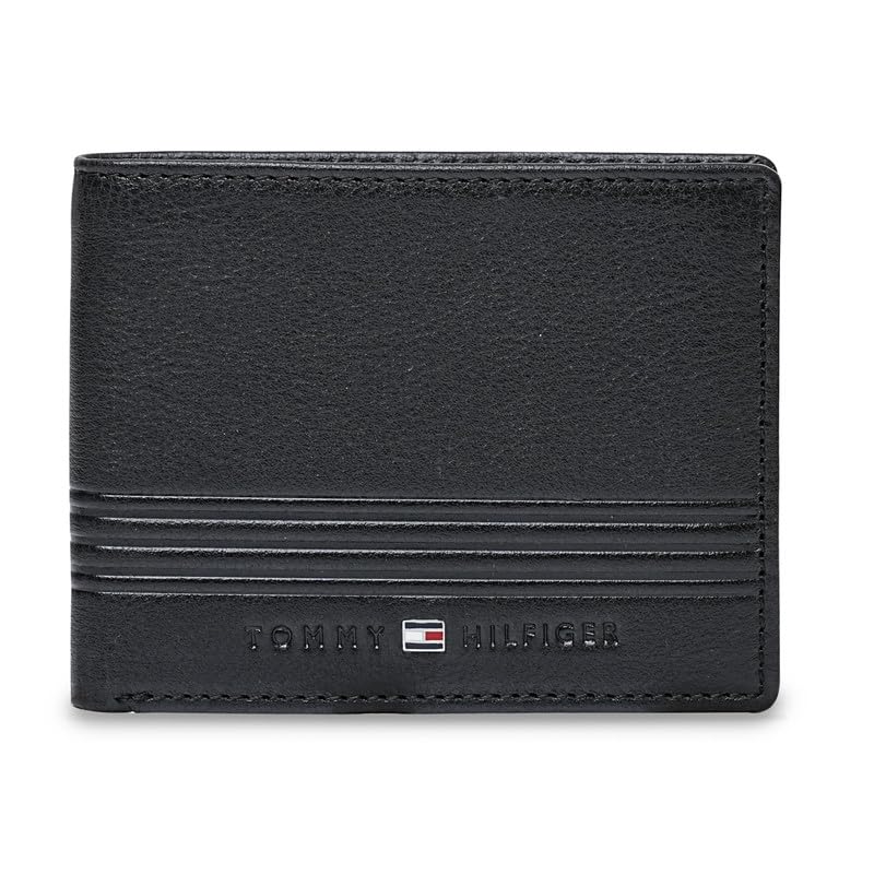 Tommy Hilfiger Men’s Leather Wallet Prastio | Black Embossed Global Bi-Fold with Coin Pocket | Stylish Purse for Gents
